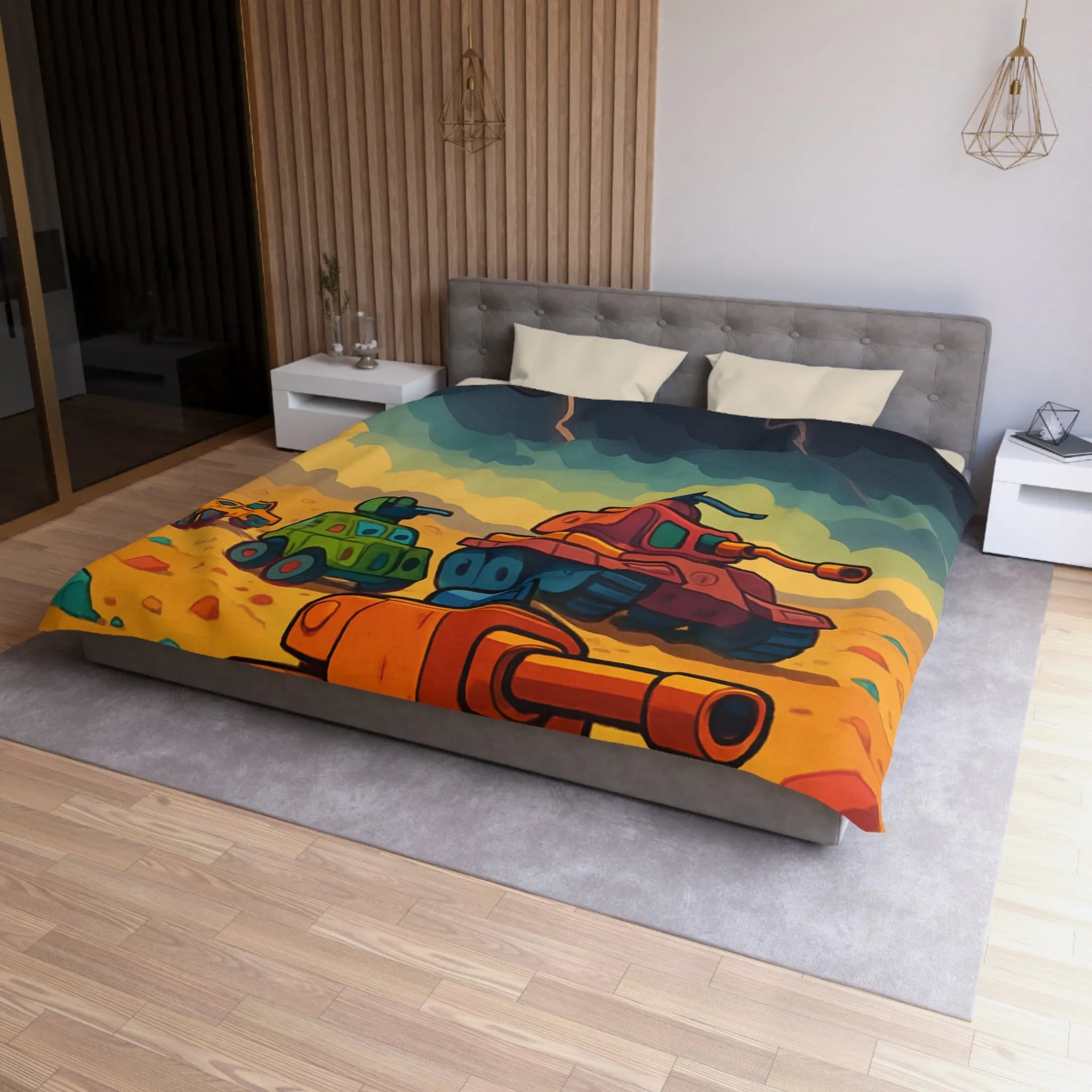 Housse de couette avec tanks colorés sur fond orageux pour chambre enfant unique