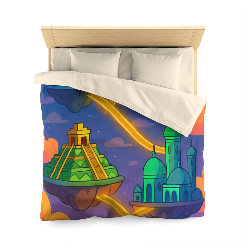 Housse de couette colorée avec design fantastique de villes flottantes lumineuses et oniriques