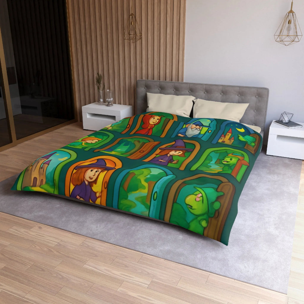 Enchantement magique avec motifs de sorcières, chevaux, et châteaux sur housse de couette