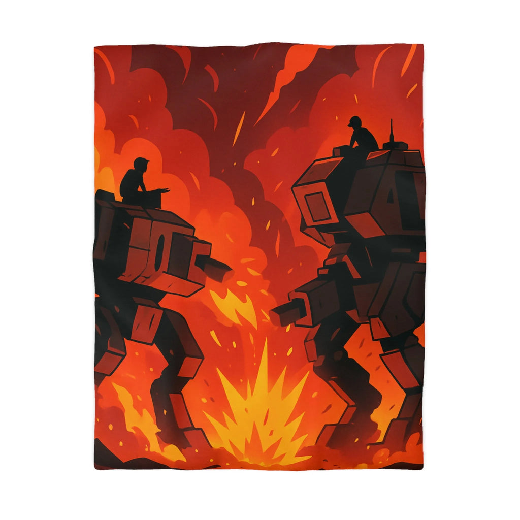 Housse de couette avec robots géants dans un duel épique sous ciel enflammé