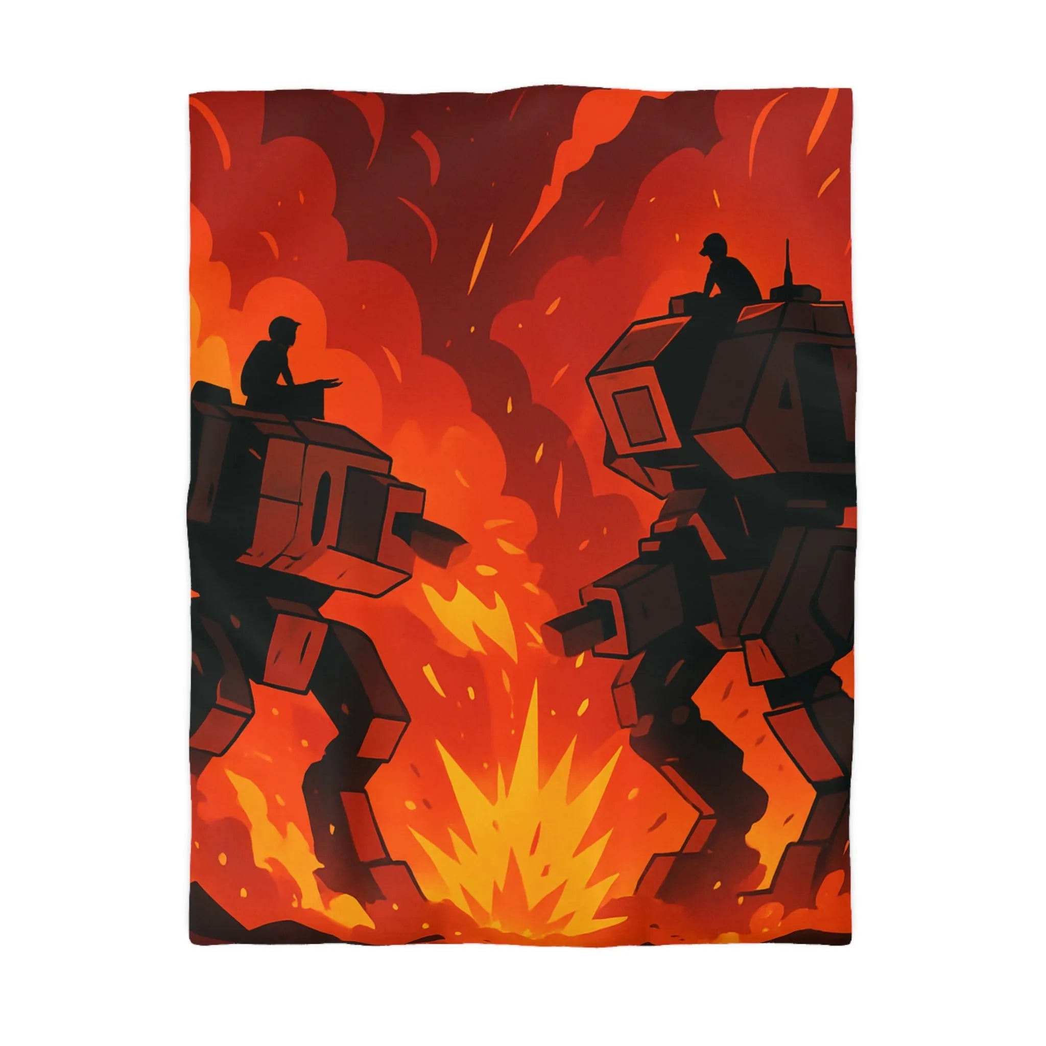 Housse de couette avec robots géants dans un duel épique sous ciel enflammé