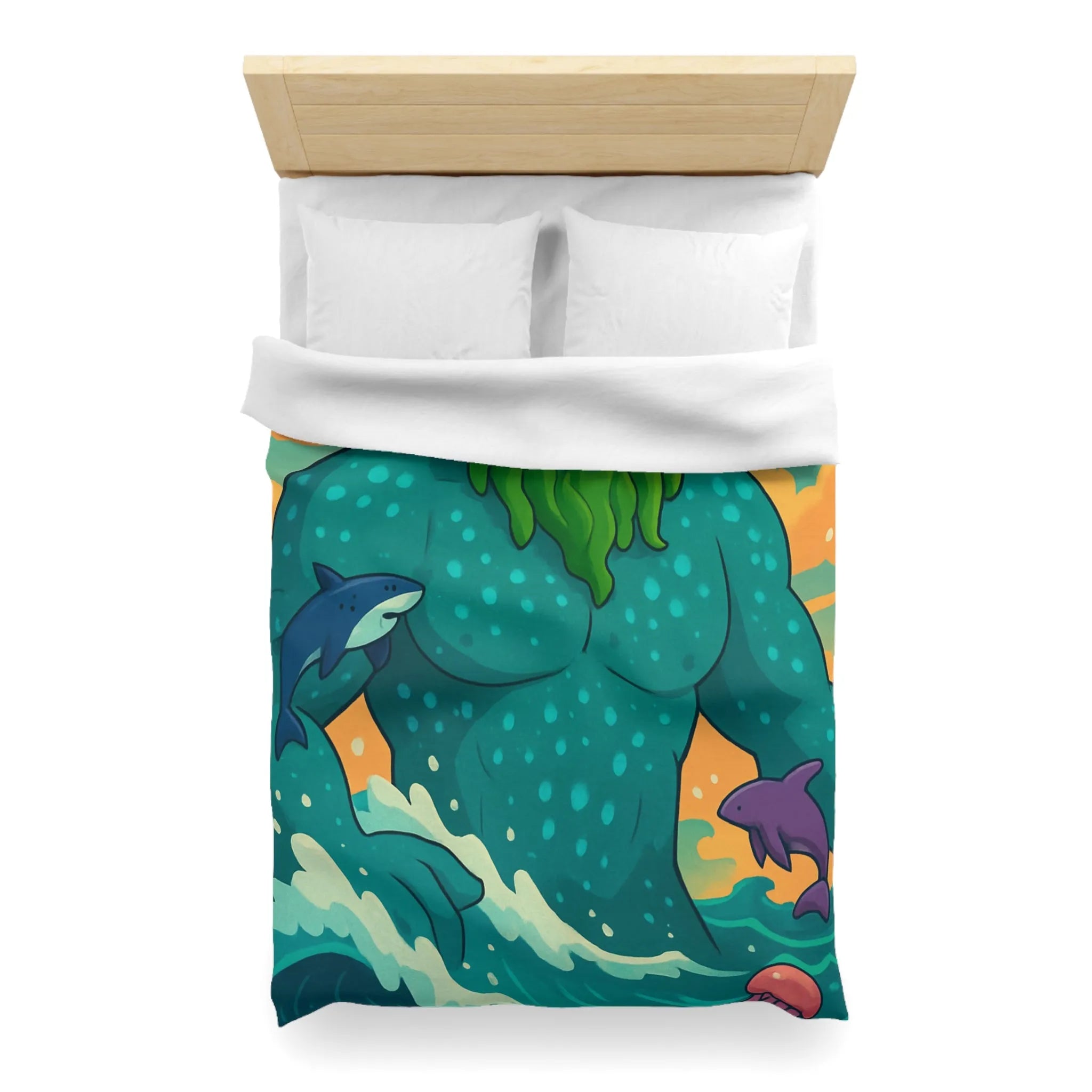 Housse de couette avec géant des mers, faune marine et ciel coloré