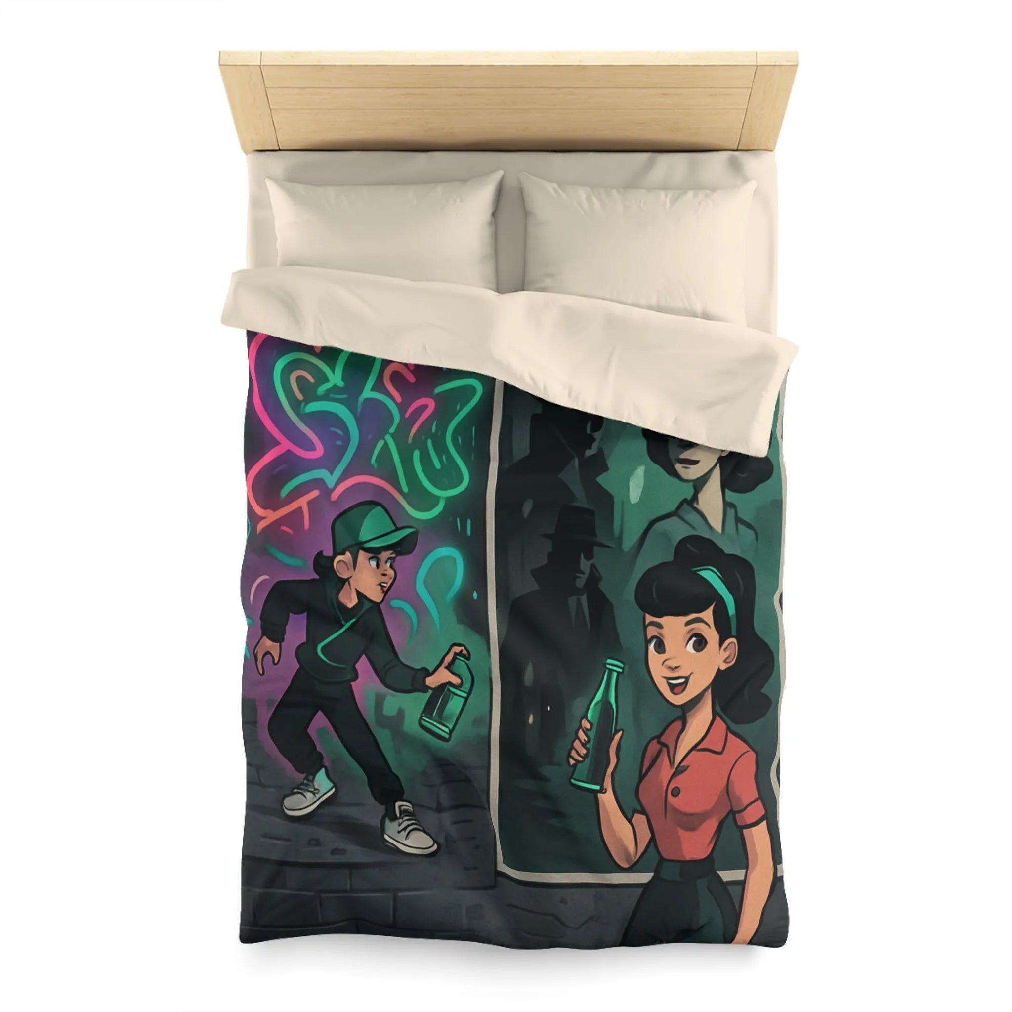 Housse de couette illustrée avec scène de rue colorée et personnages mystérieux