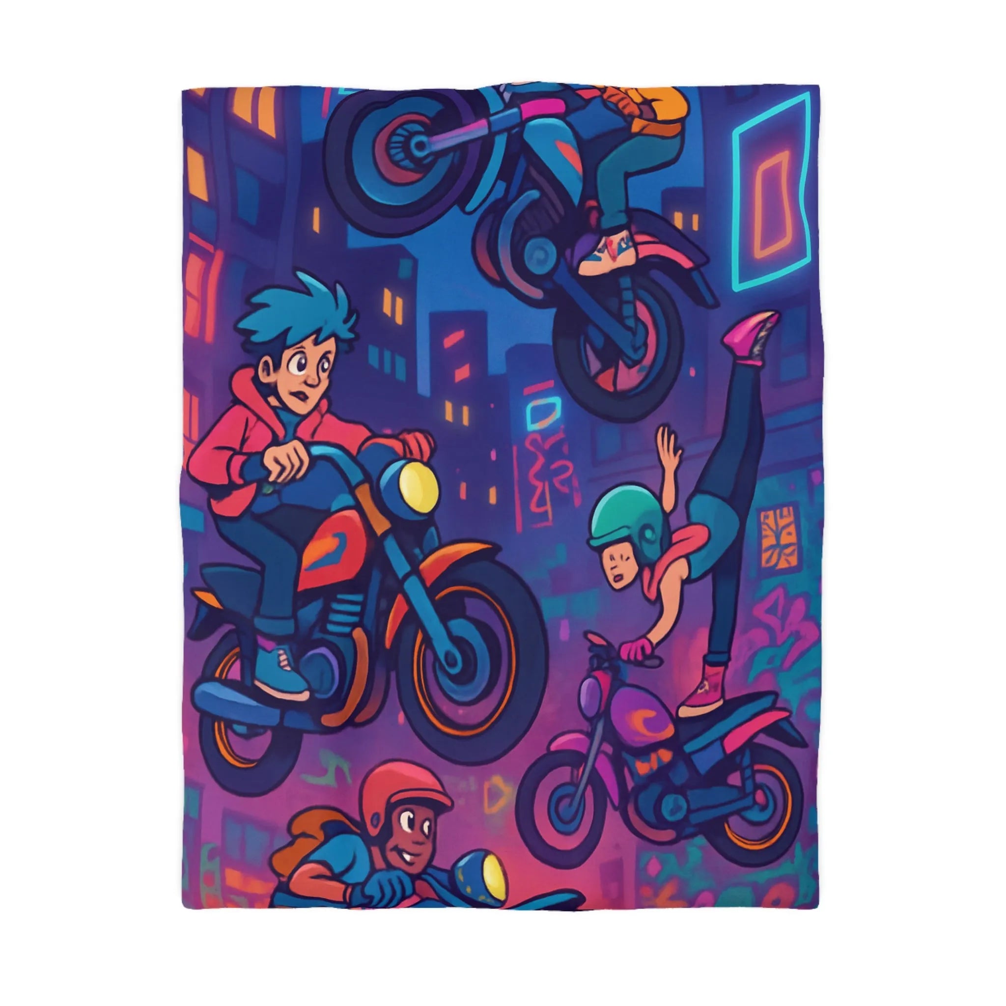 Housse de couette illustrée acrobaties moto urbaines néon dynamique style bande dessinée vibrante