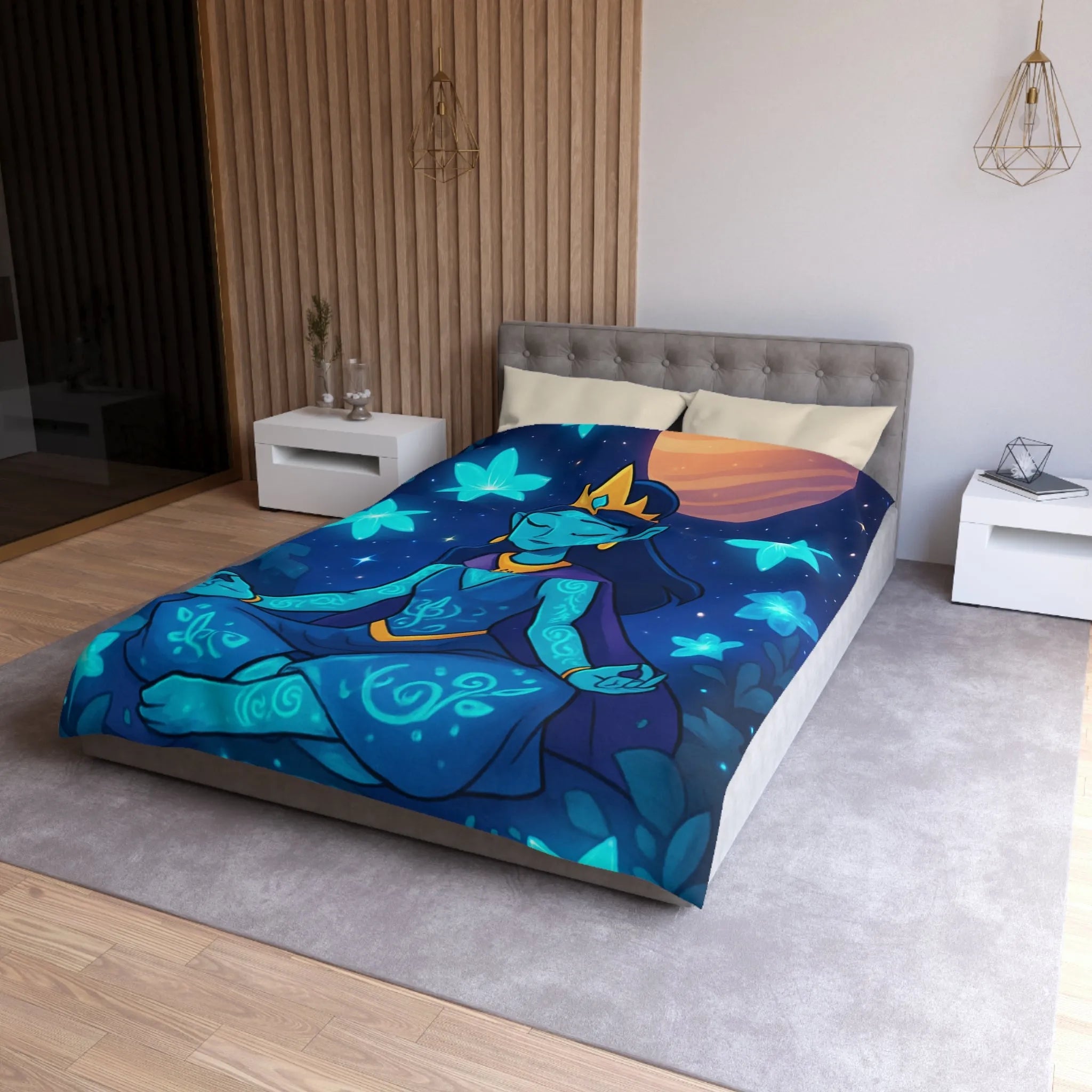 Housse de Couette Élégante avec Déesse Méditative et Étoiles, Ambiance Nocturne Mystique