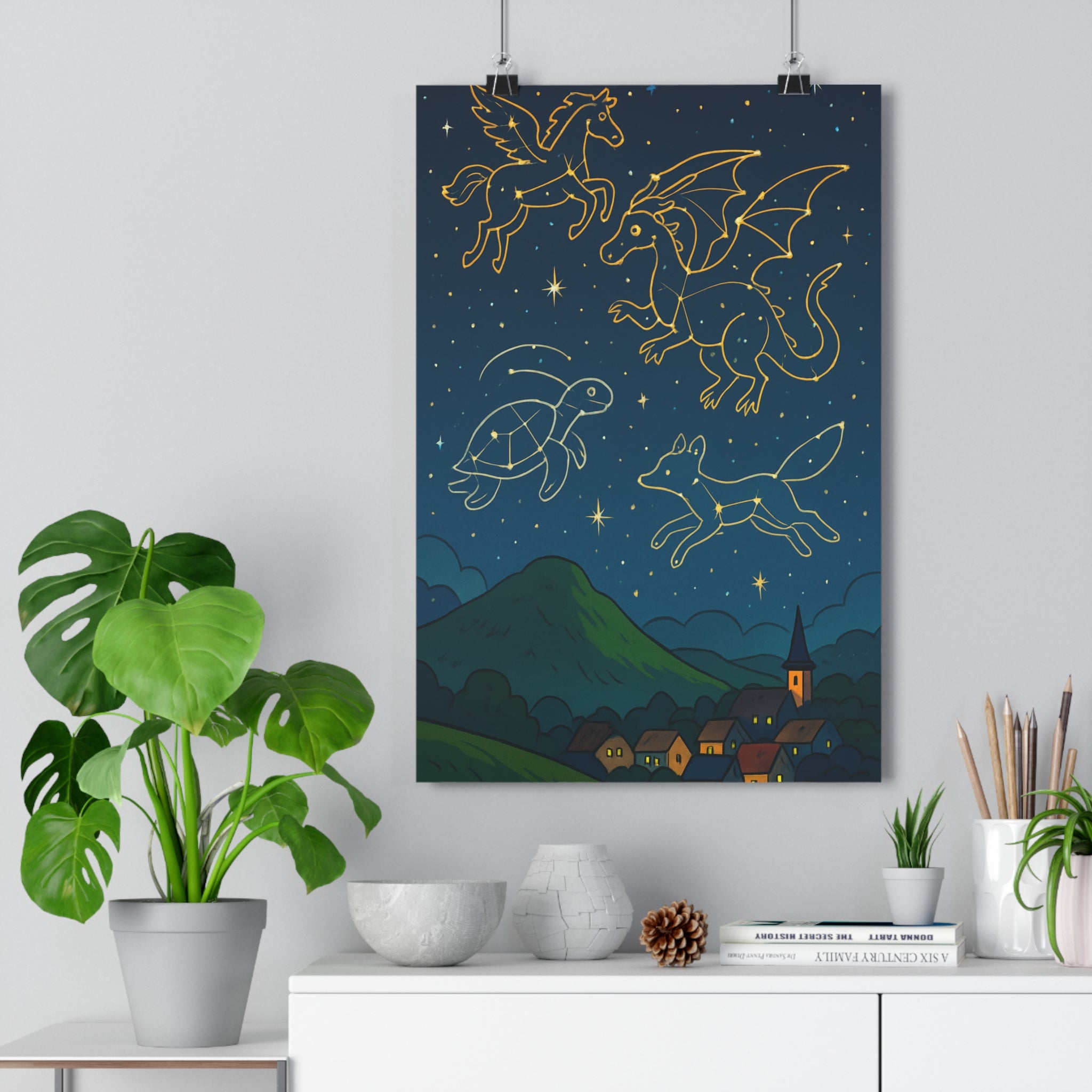Poster décoratif céleste étoiles créatures fantastiques doré cartoon poétique apaisant chambre enfant artistique élégant