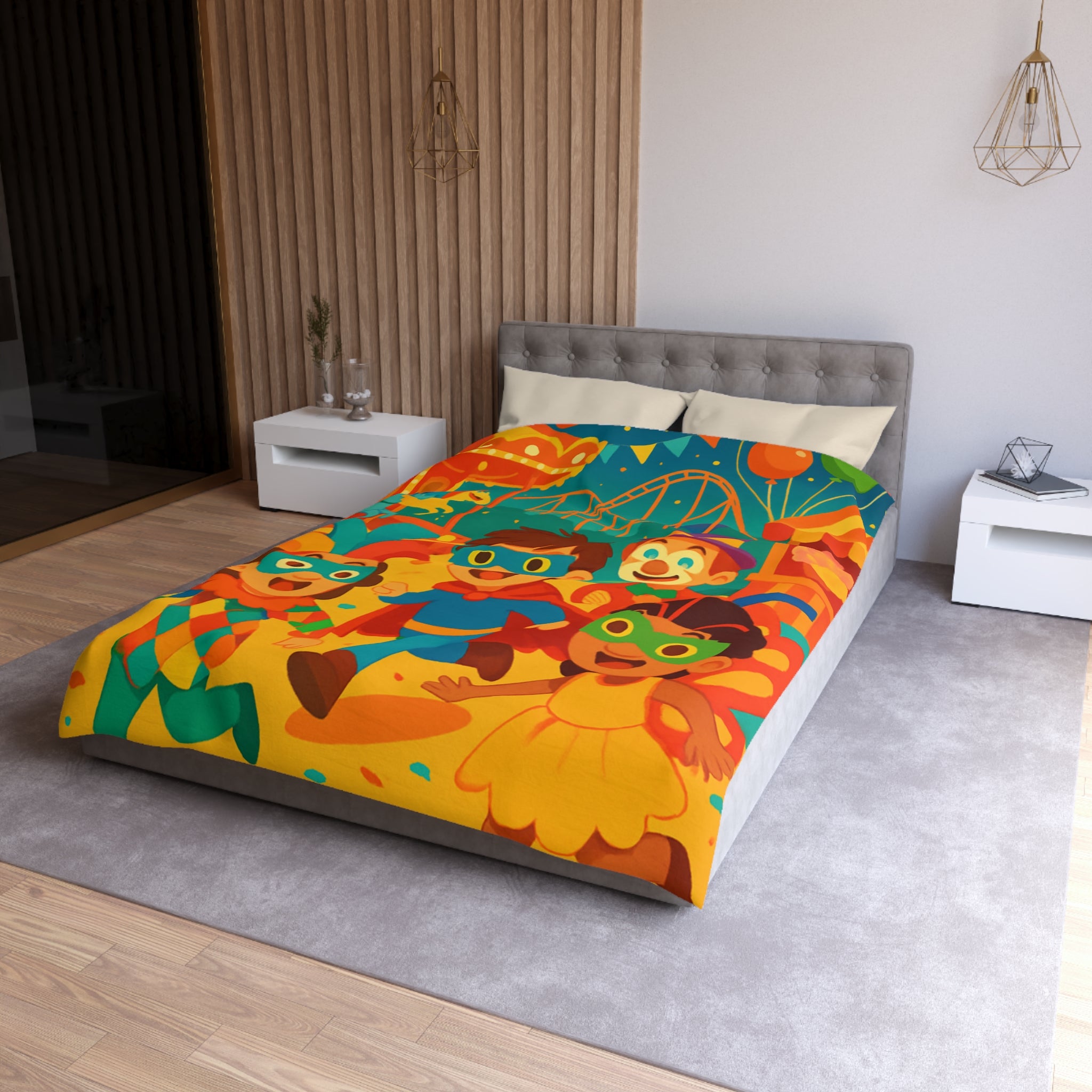 Joyeuse fête foraine avec enfants costumés courant joyeusement parmi attractions colorées nocturnes