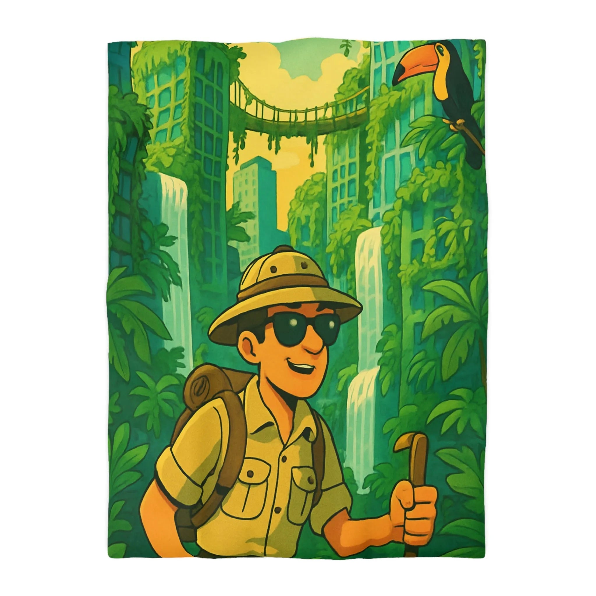 Housse de Couette Aventure Tropicale Multicolore avec Explorateur et Faune Luxuriante