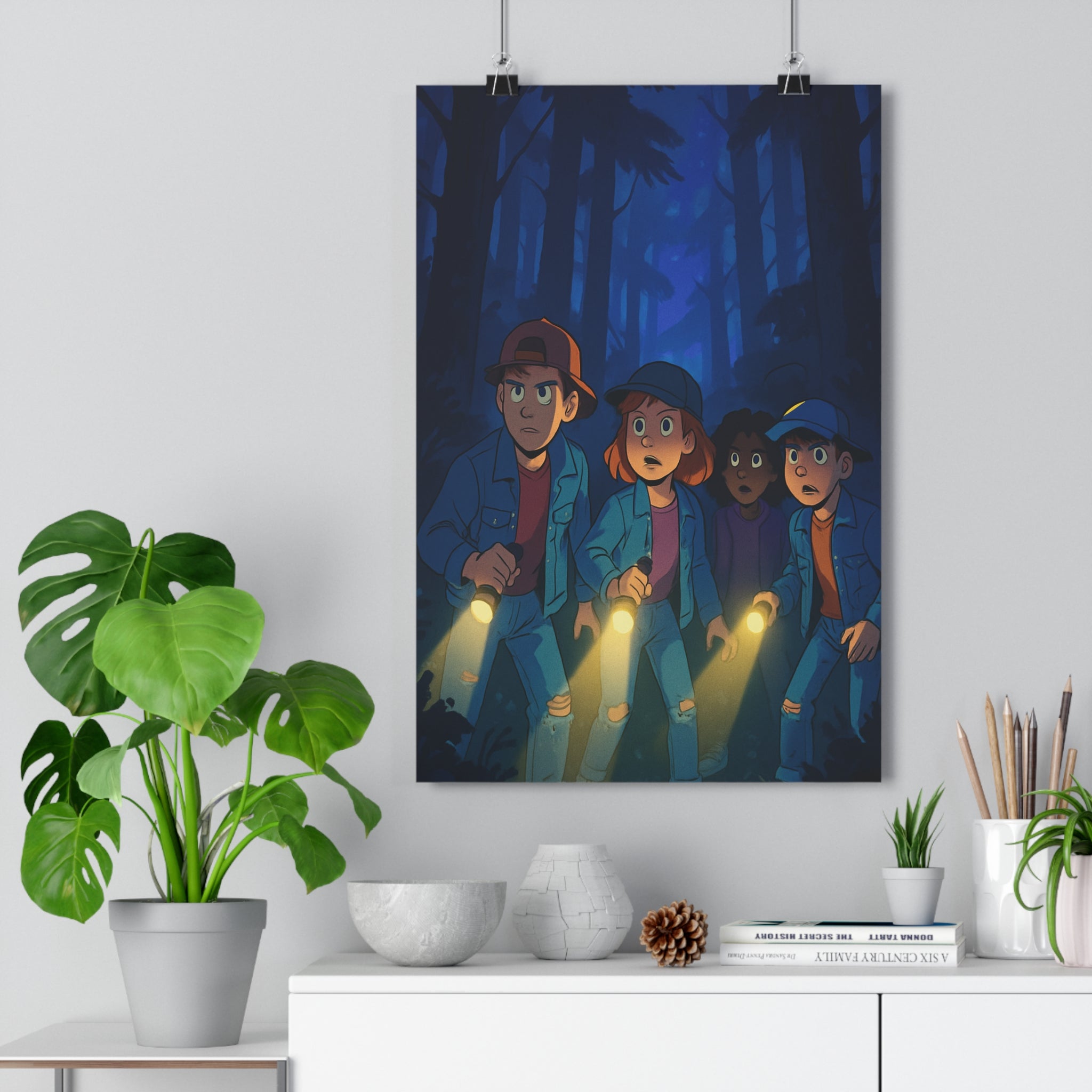 Poster décoratif cartoon années 90 aventuriers forêt sombre bleu mystère lueur lampe chambre ambiance