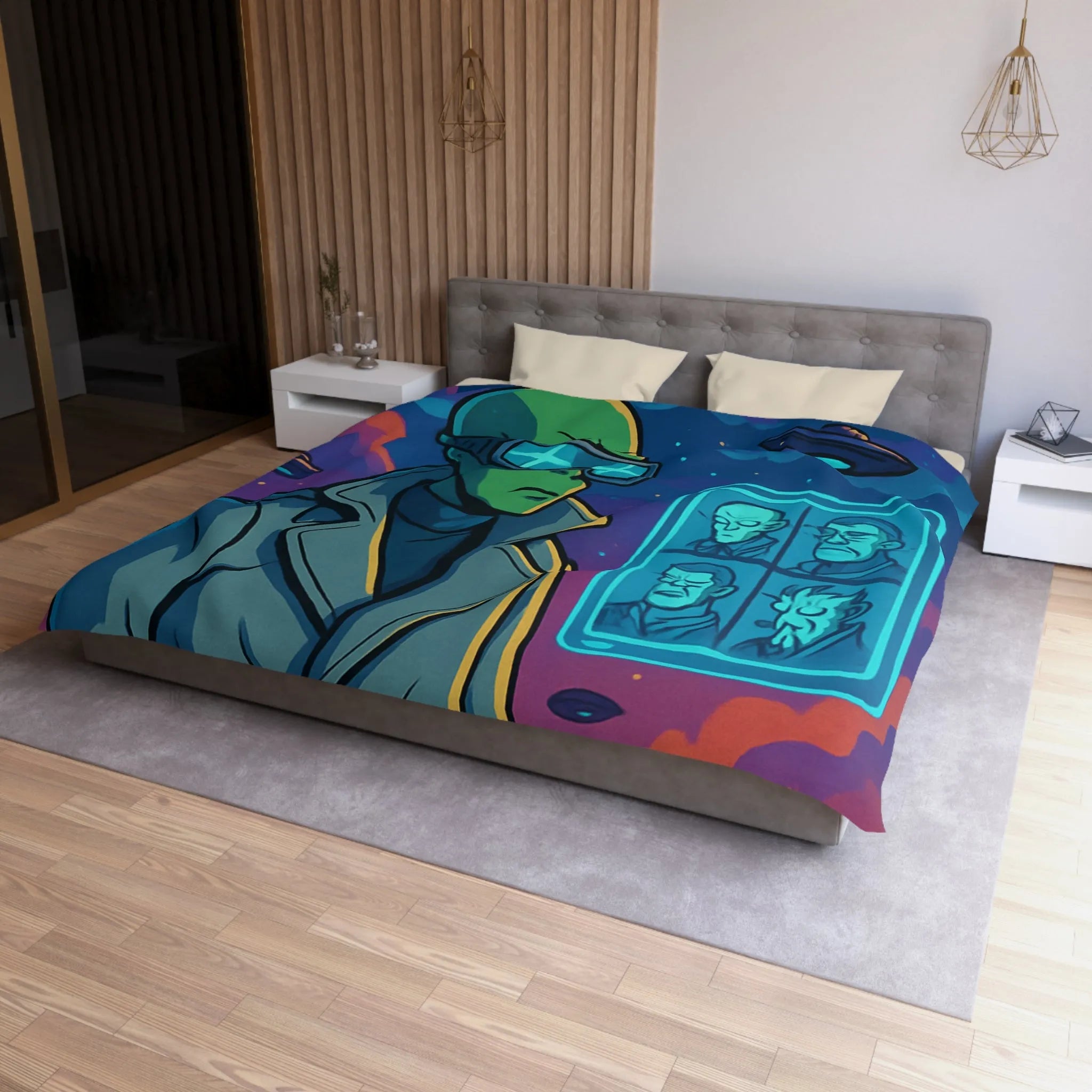 Housse de Couette Futuriste avec Alien et OVNIs, Style Bande Dessinée Colorée Science-Fiction