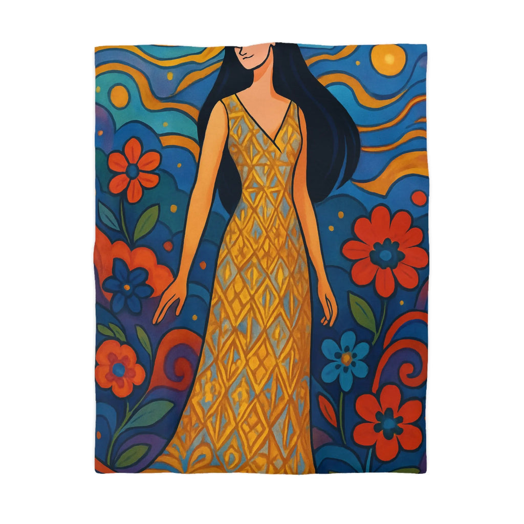 Housse de couette artistique avec motif floral vibrant et silhouette élégante féminine