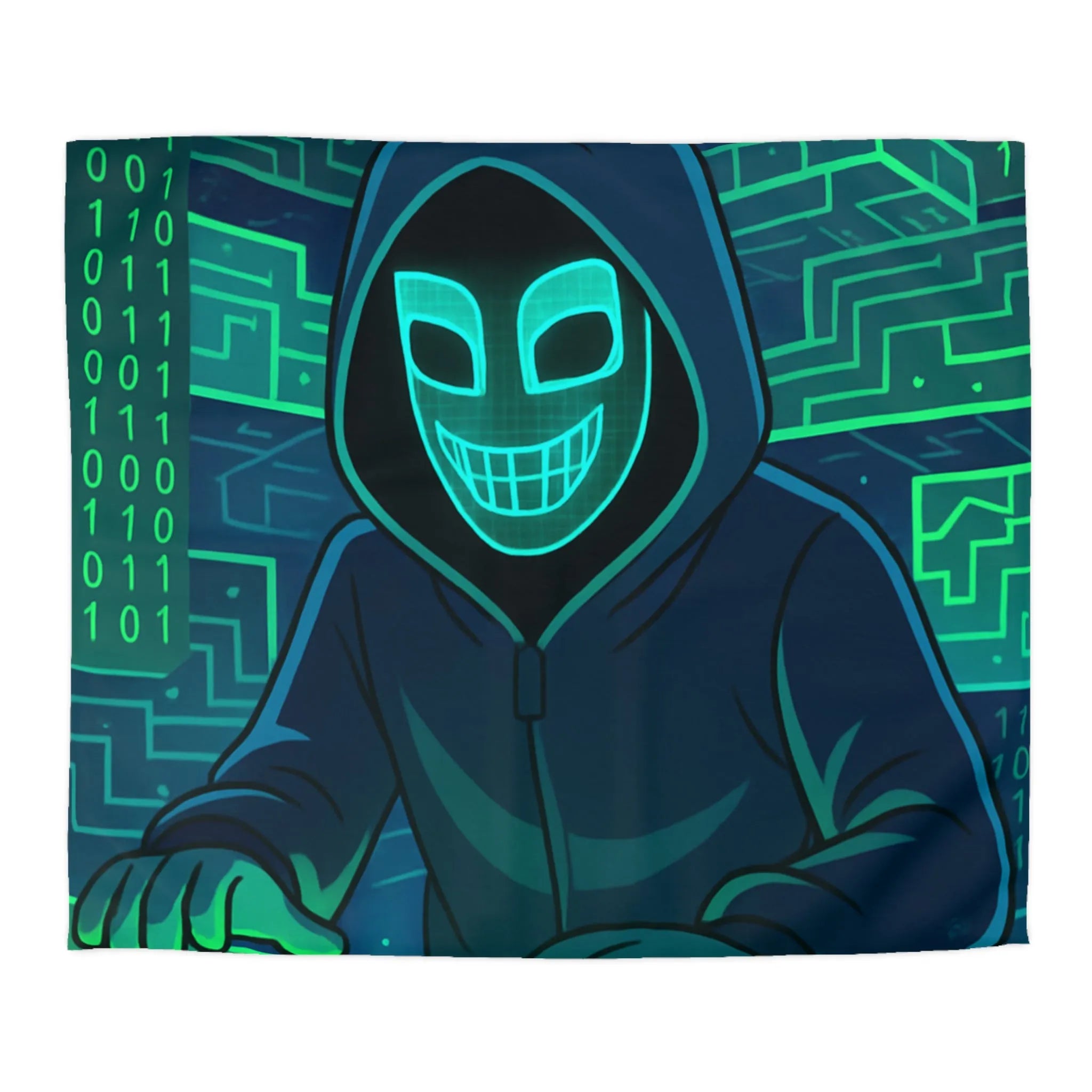 Housse de couette cyberpunk avec motif de hacker masqué et circuit numérique lumineux