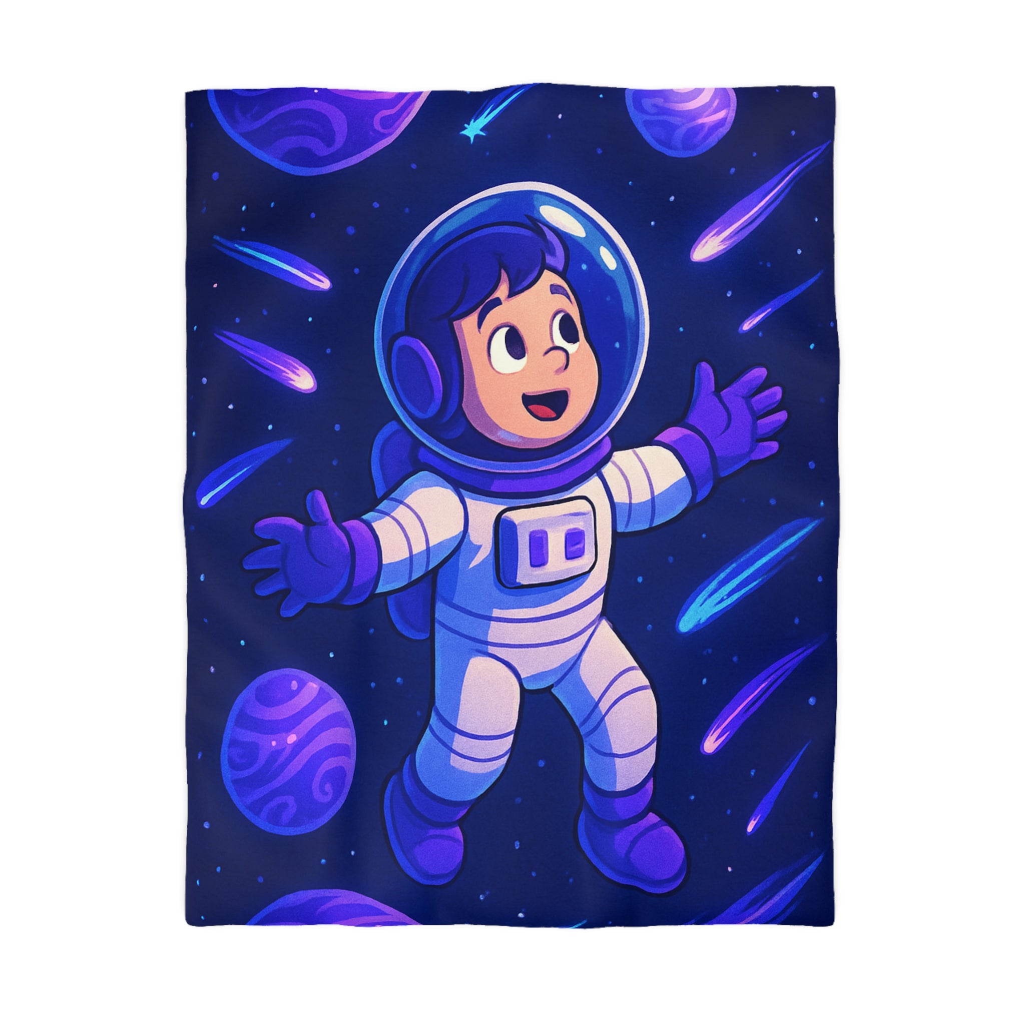Housse de couette enfant thème espace avec astronaute et planètes colorées violettes