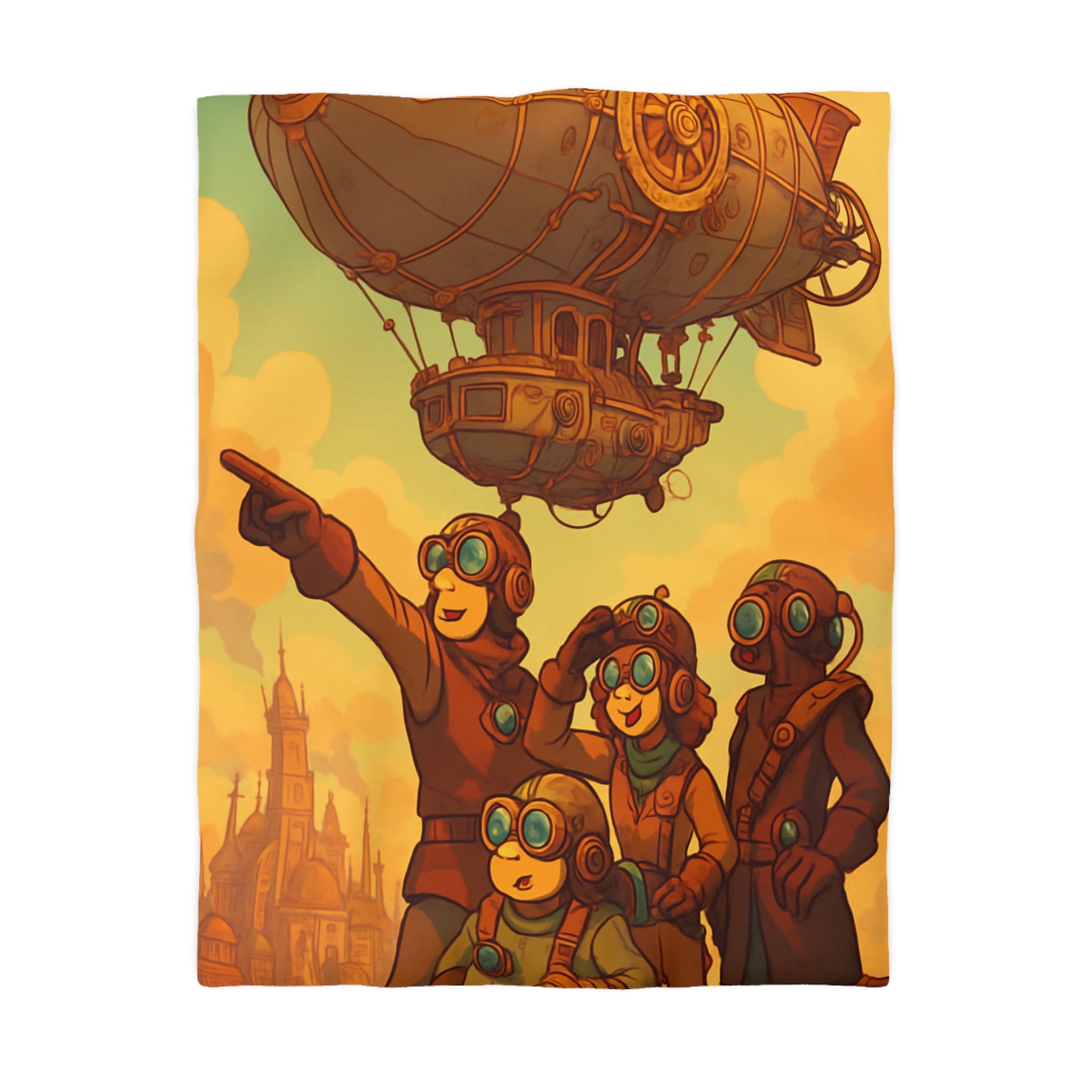 Housse de couette rétro-aventure steampunk avec dirigeable et explorateurs en plein ciel