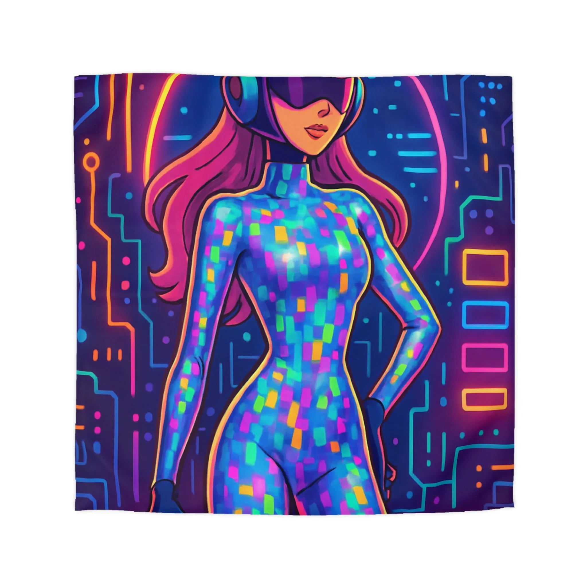 Housse de couette futuriste néon avec motif de femme cyborg colorée et lumineuse
