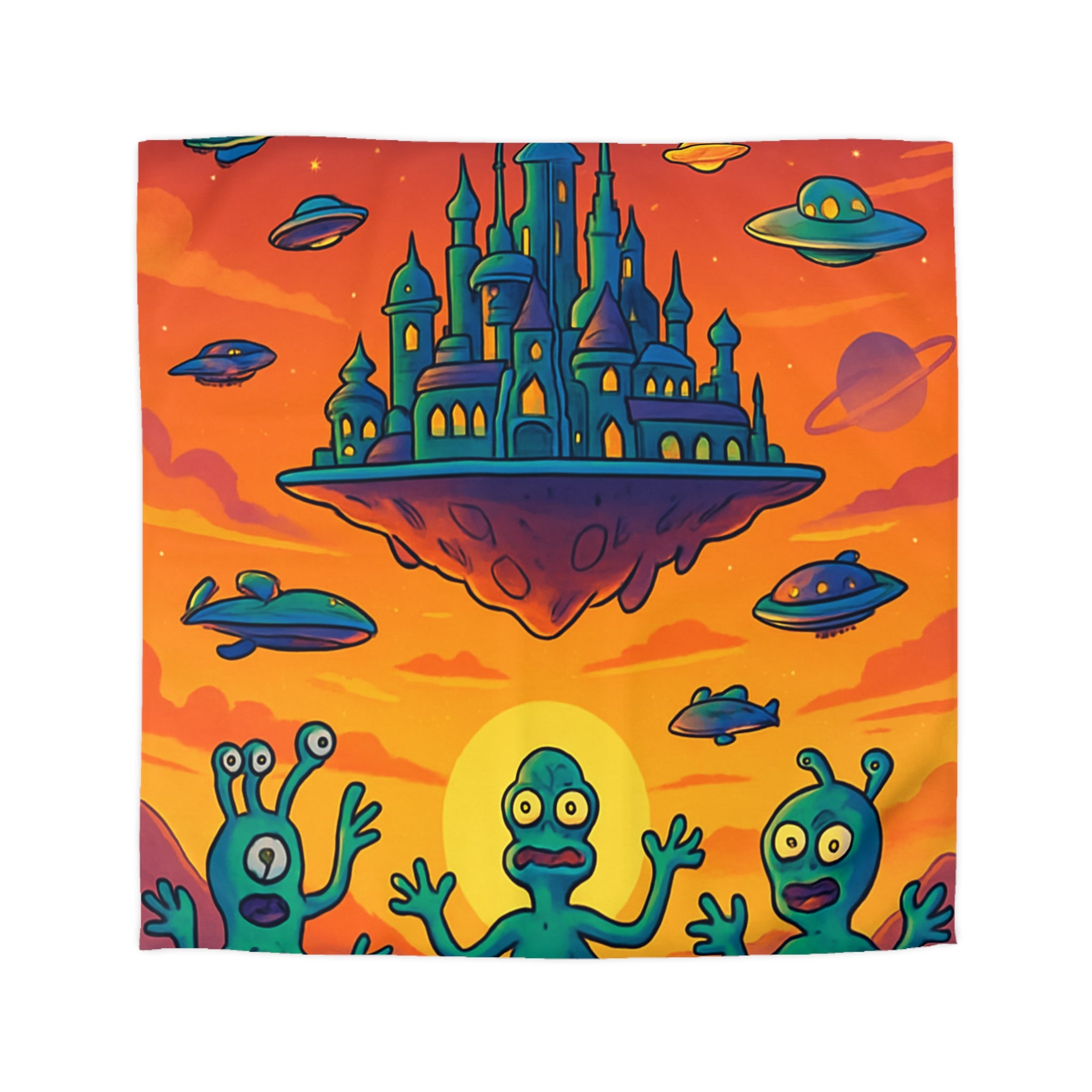 Housse de couette sur thème extraterrestre avec château flottant et OVNI colorés