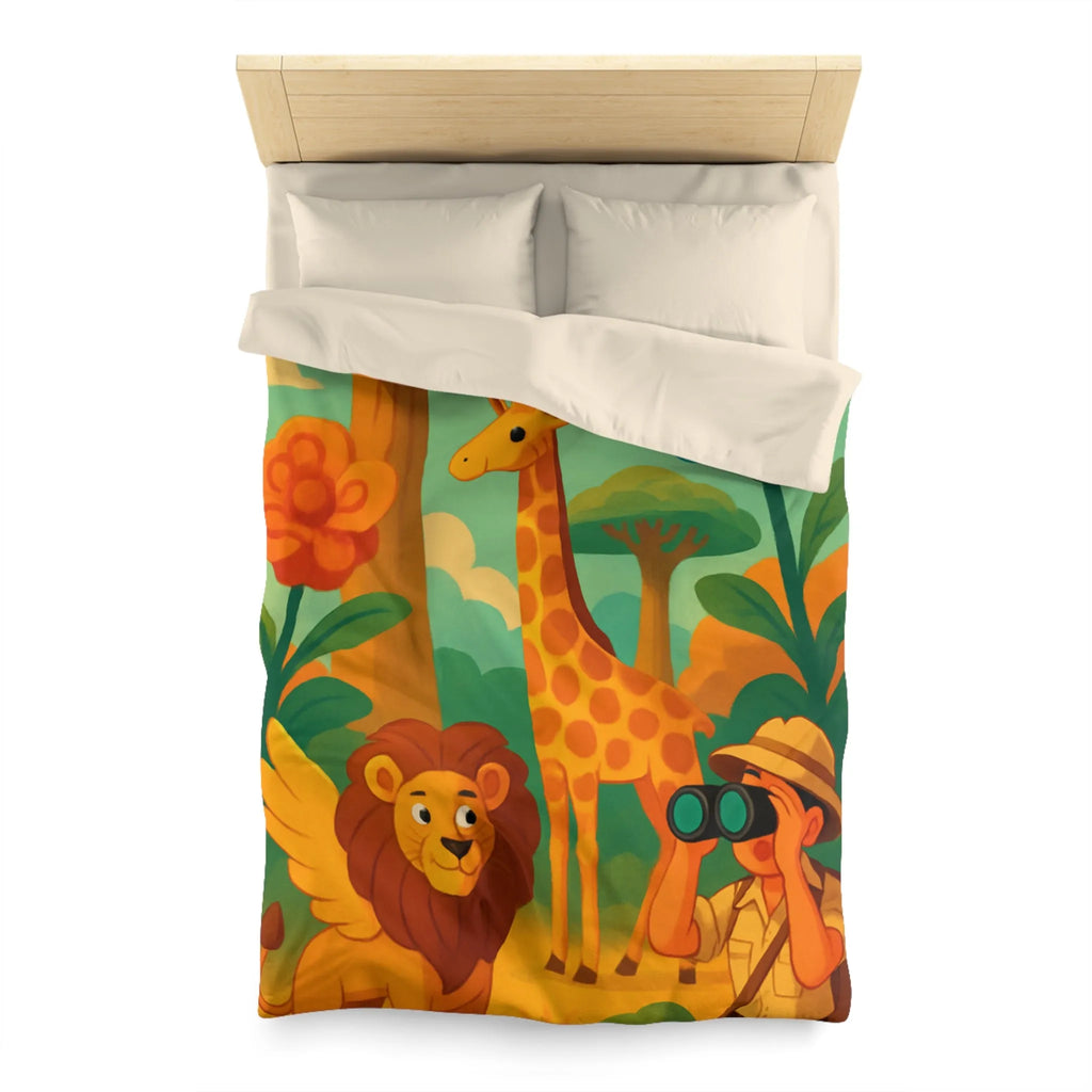 Housse de couette enfant safari : lion, girafe, explorateur, jungle colorée et joyeuse