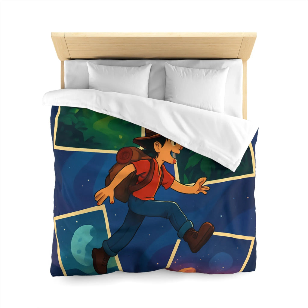 Housse de couette colorée avec illustrations d'aventure forêt, ville, désert, espace