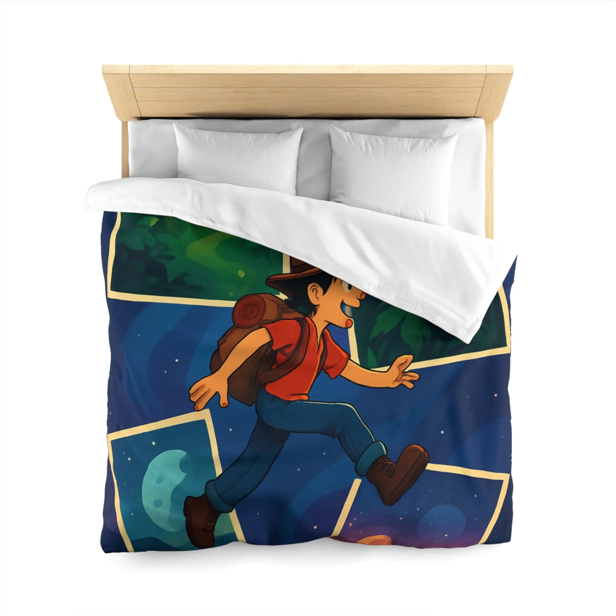 Housse de couette colorée avec illustrations d'aventure forêt, ville, désert, espace