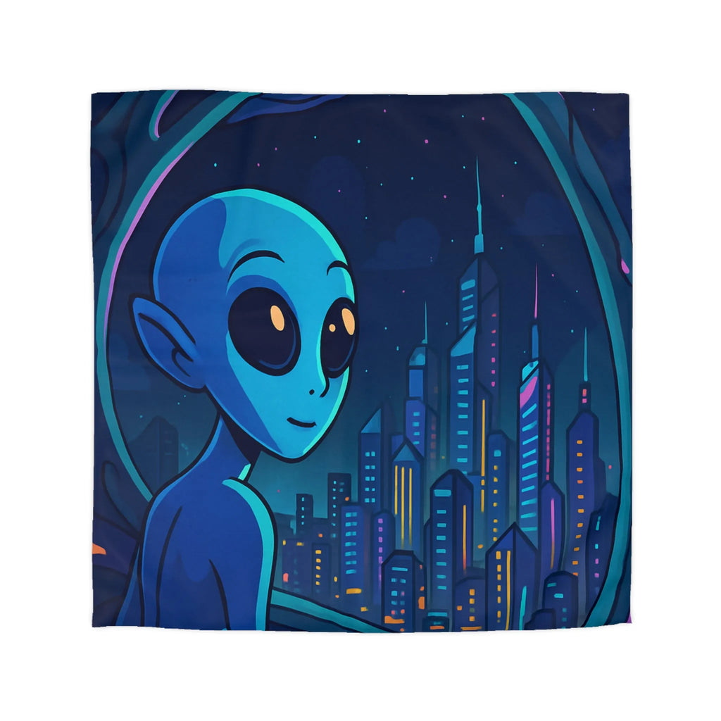 Housse de couette avec extraterrestre bleu contemplant métropole futuriste depuis vaisseau spatial