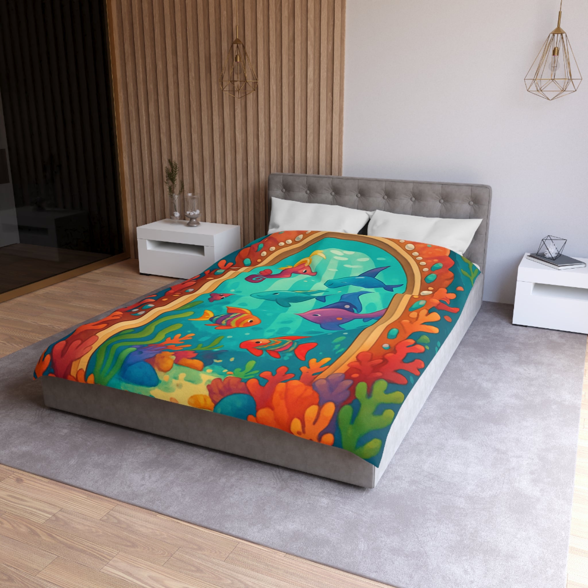 Housse de Couette Océanique avec Poissons Colorés, Coraux et Hippocampe Fantaisie Enchantés