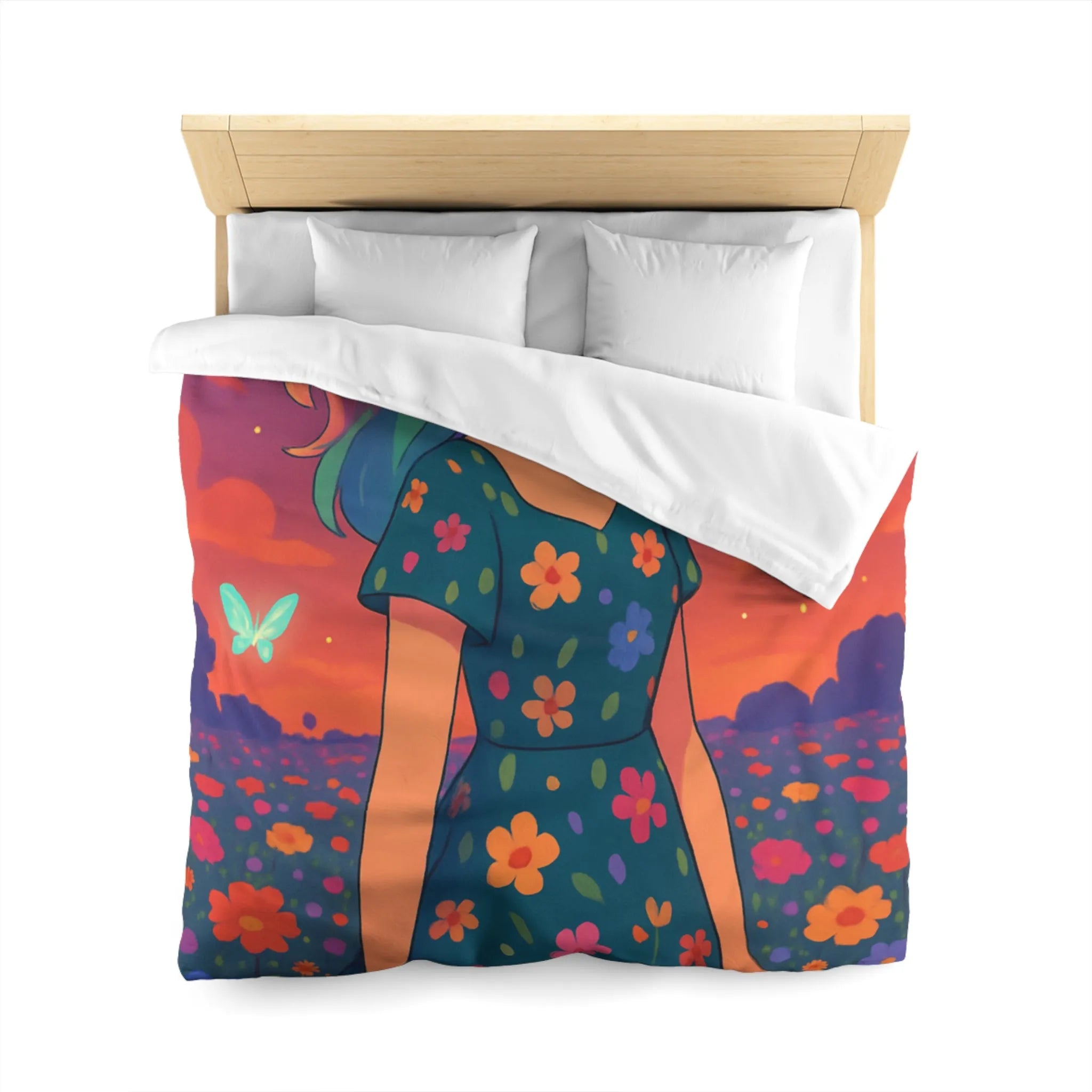 Housse de couette artistique avec fille et papillons dans champ fleuri vibrant