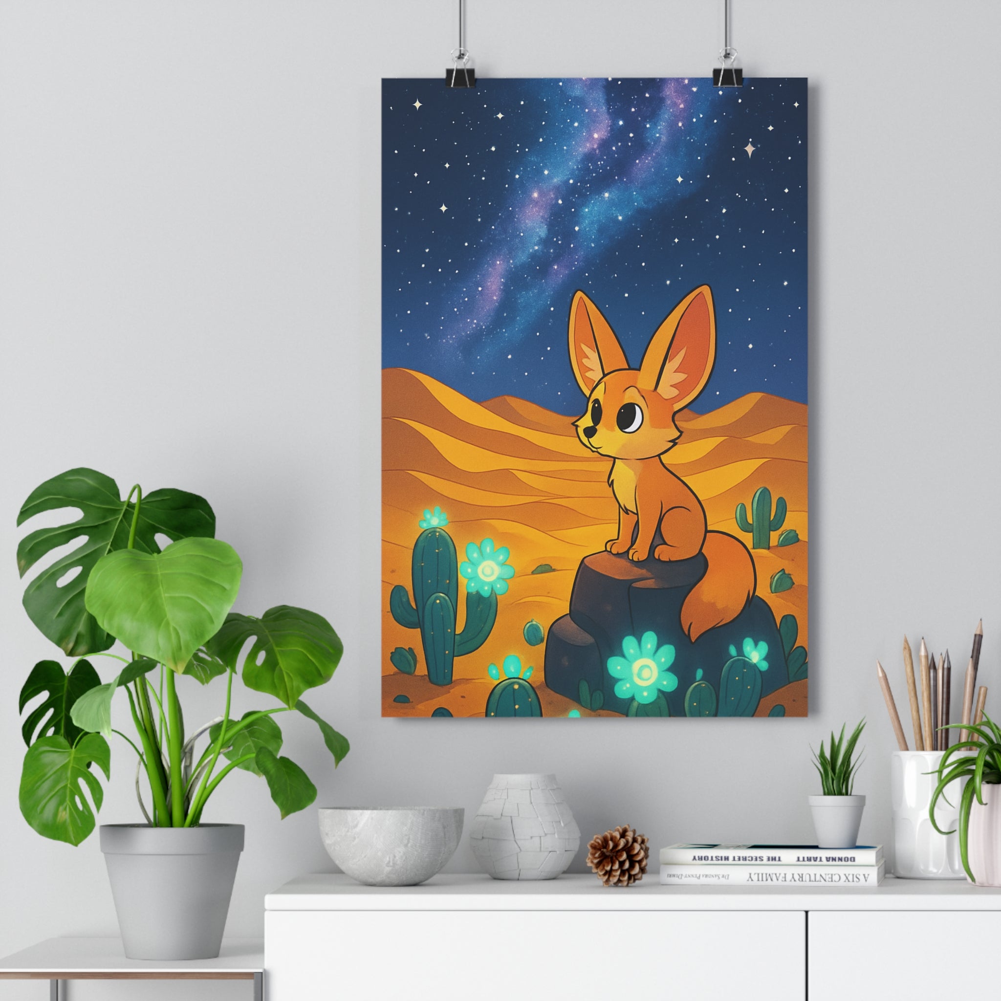 Poster décoratif cartoon désert nocturne étoilé magique ambiance paisible salon chambre enfant lumineux qualité