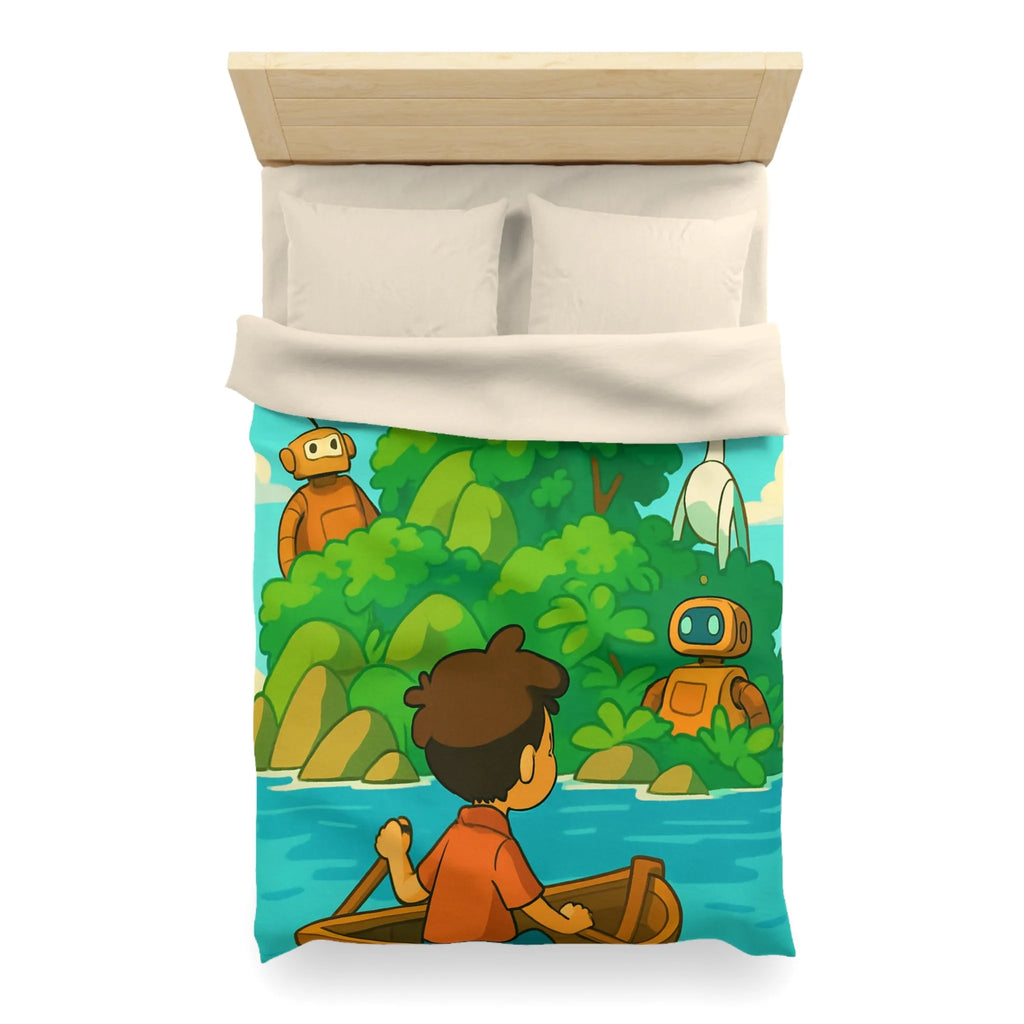 Housse de couette avec robots ludiques et enfant en bateau sur lac serein