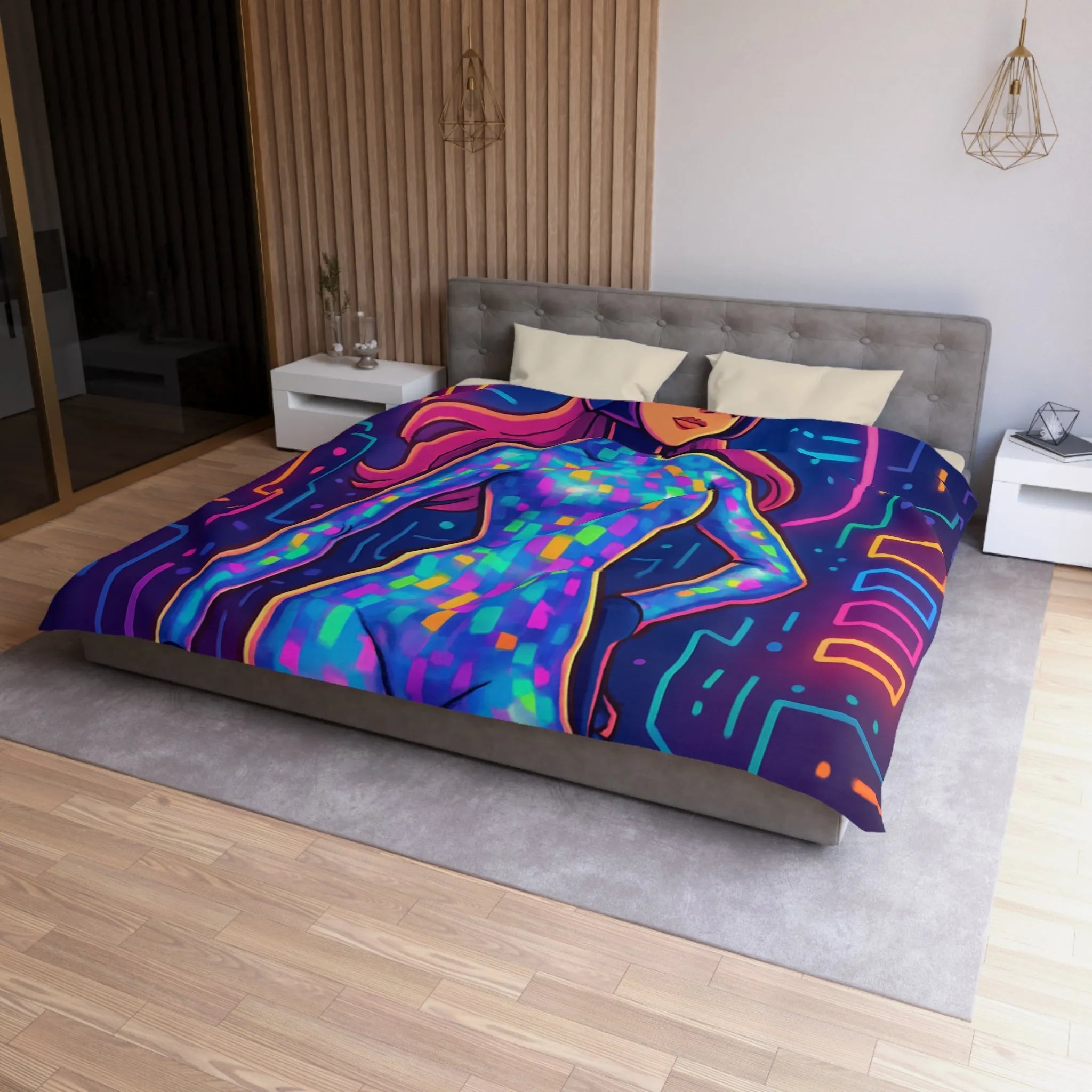 Housse de couette futuriste néon avec motif de femme cyborg colorée et lumineuse
