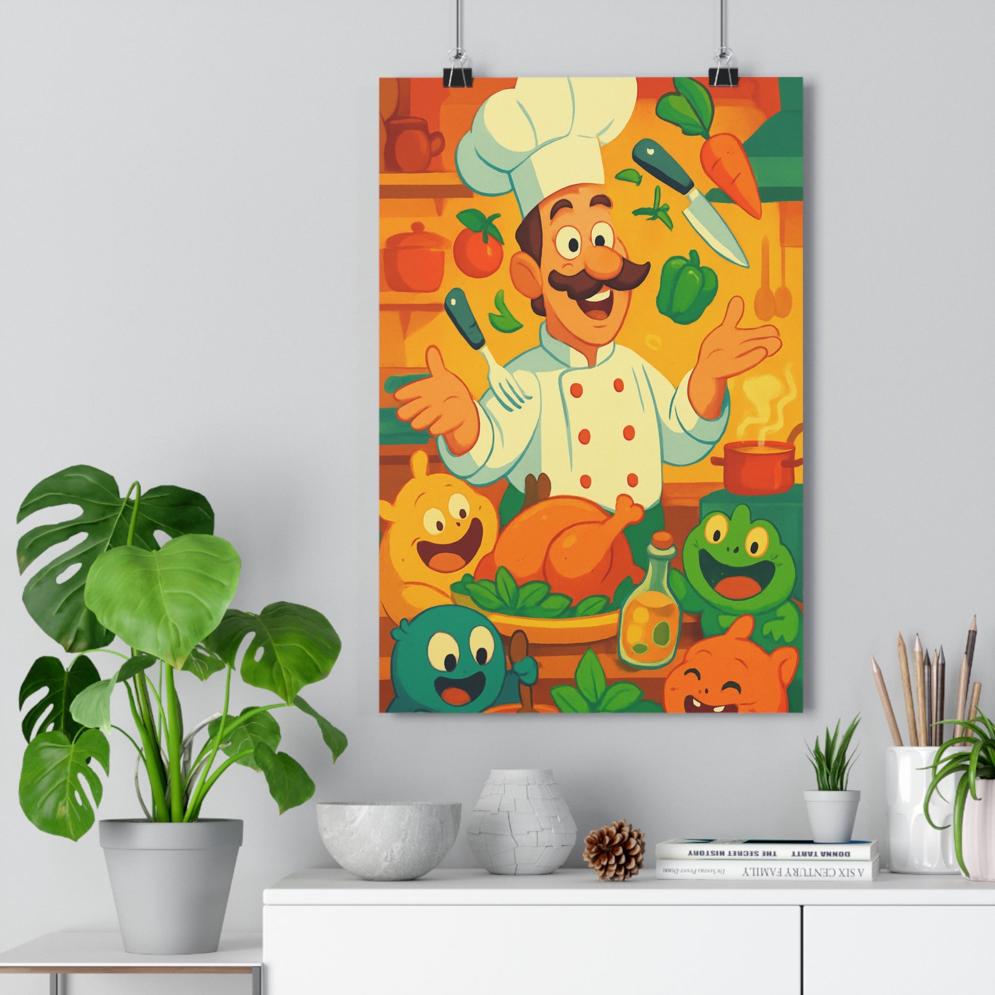 Poster décoratif cartoon chef cuisine joyeux festif orange vert cuisine enfant magique ludique vibrant