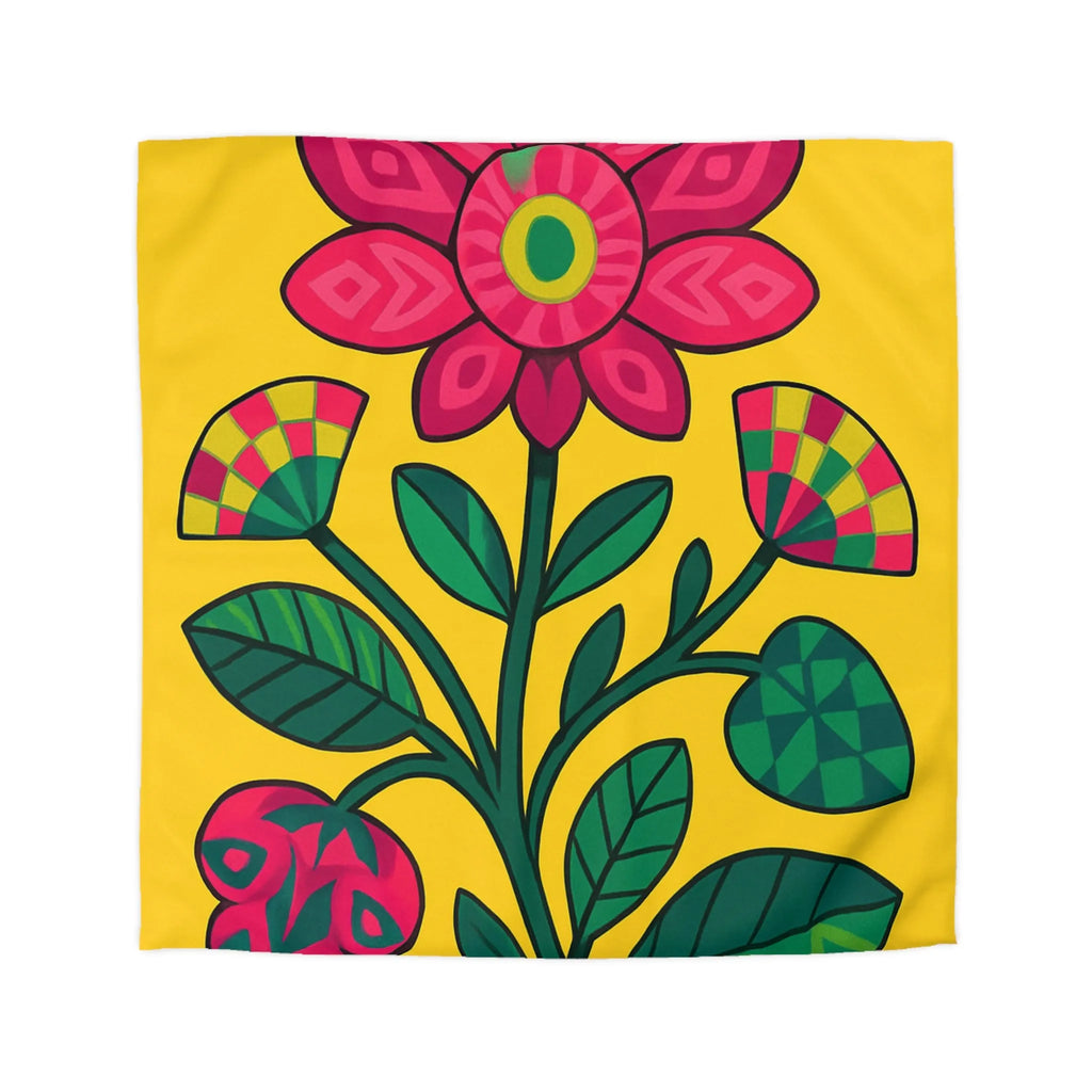 Housse de couette florale vibrante avec grandes fleurs rouges et feuilles vertes sur fond jaune