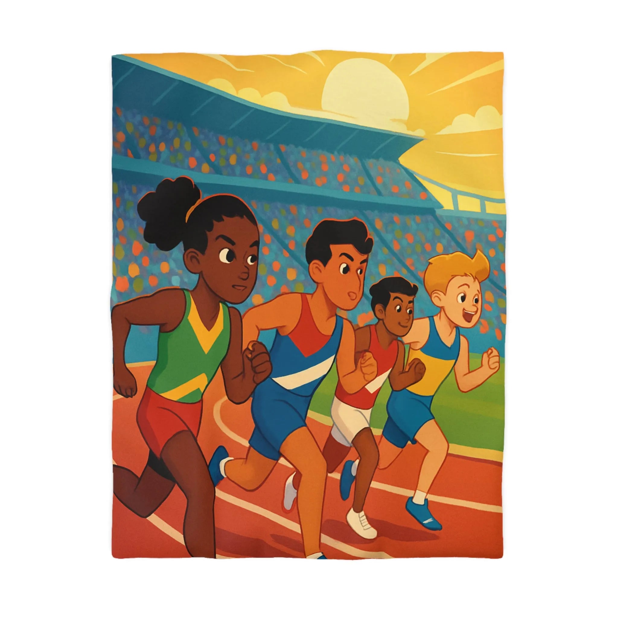 Housse de couette illustrée course d’athlétisme enfants vibrant soleil dynamique