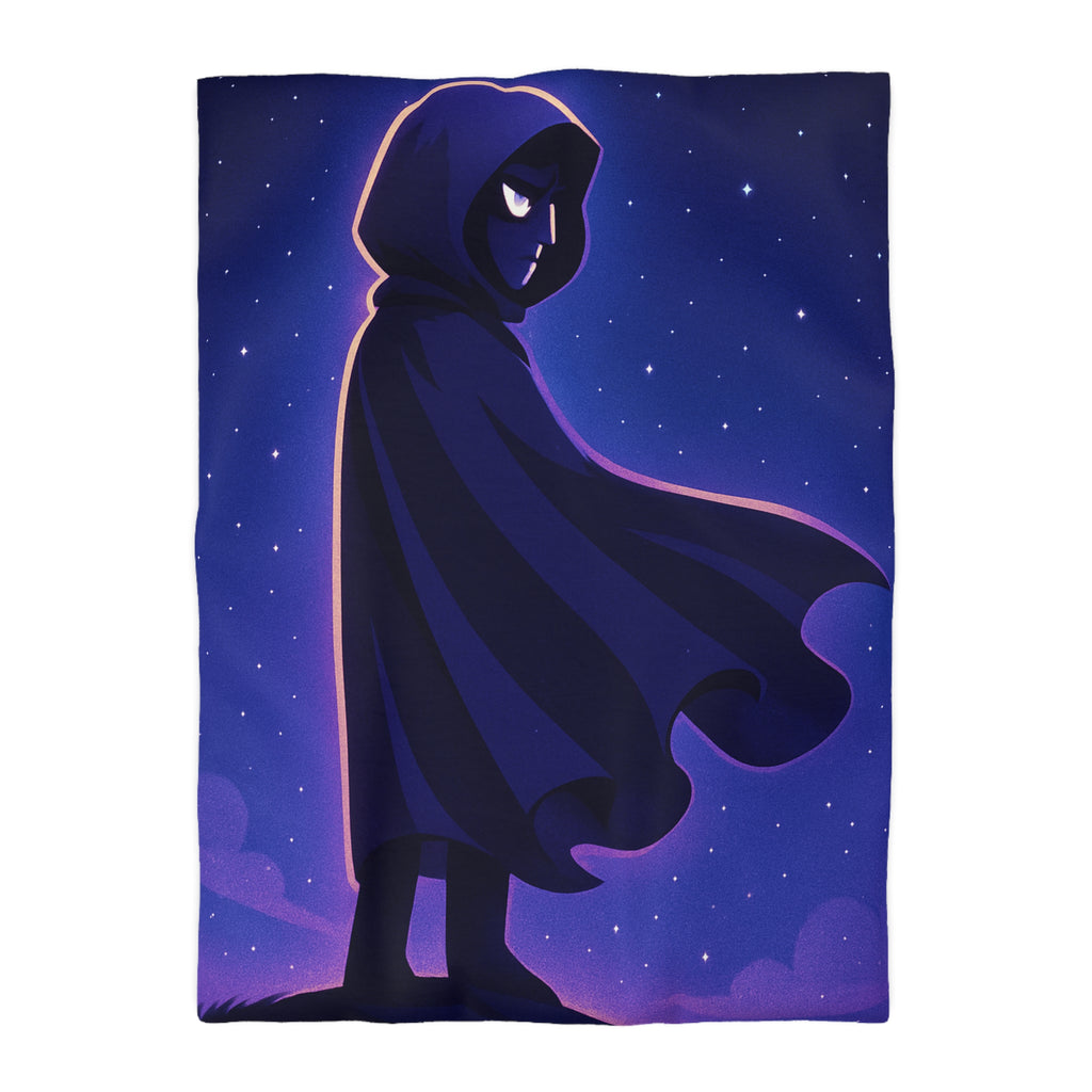 Housse de couette mystérieuse avec silhouette en cape sous un ciel étoilé magique