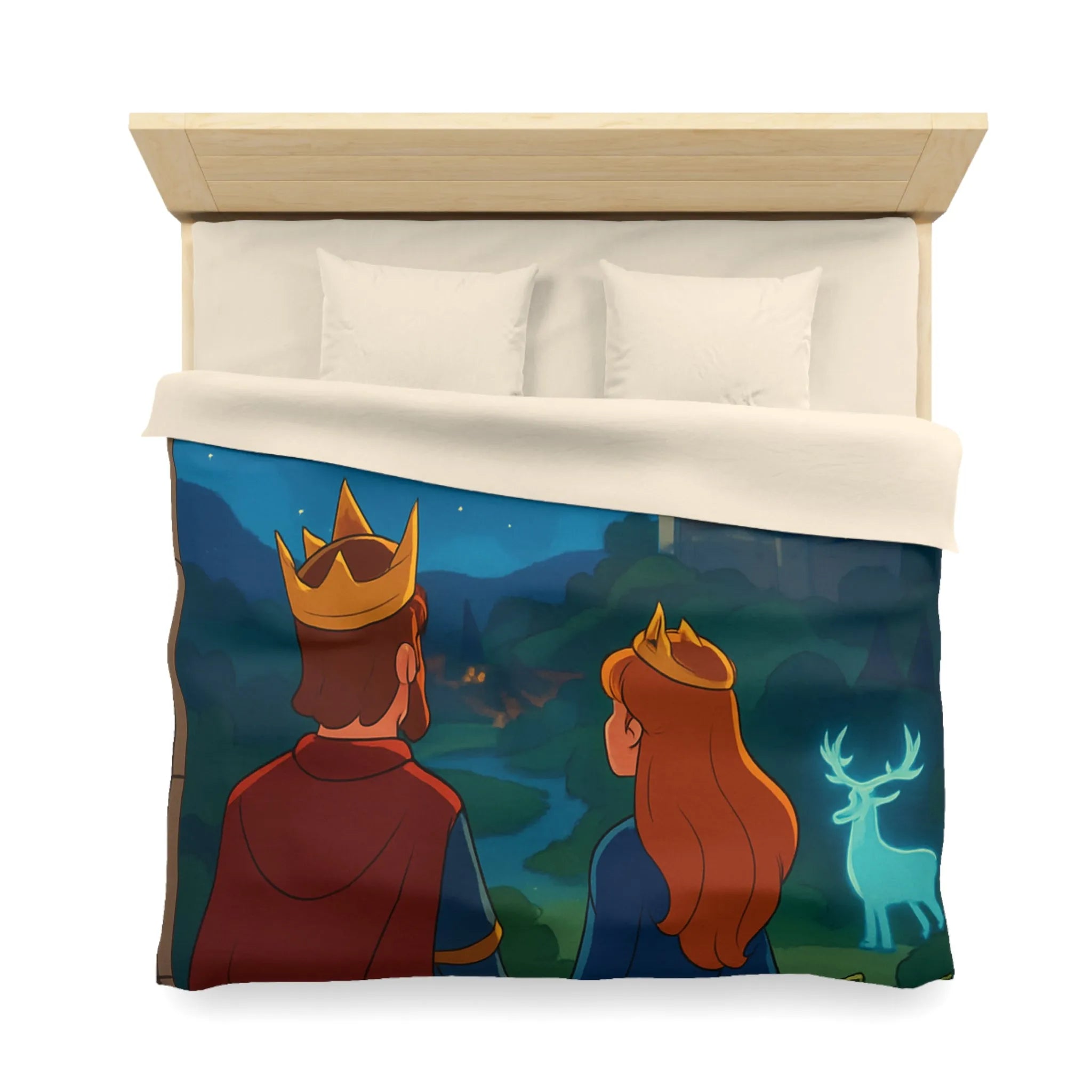 Housse de couette magique avec roi, reine et château sous ciel étoilé enchanté