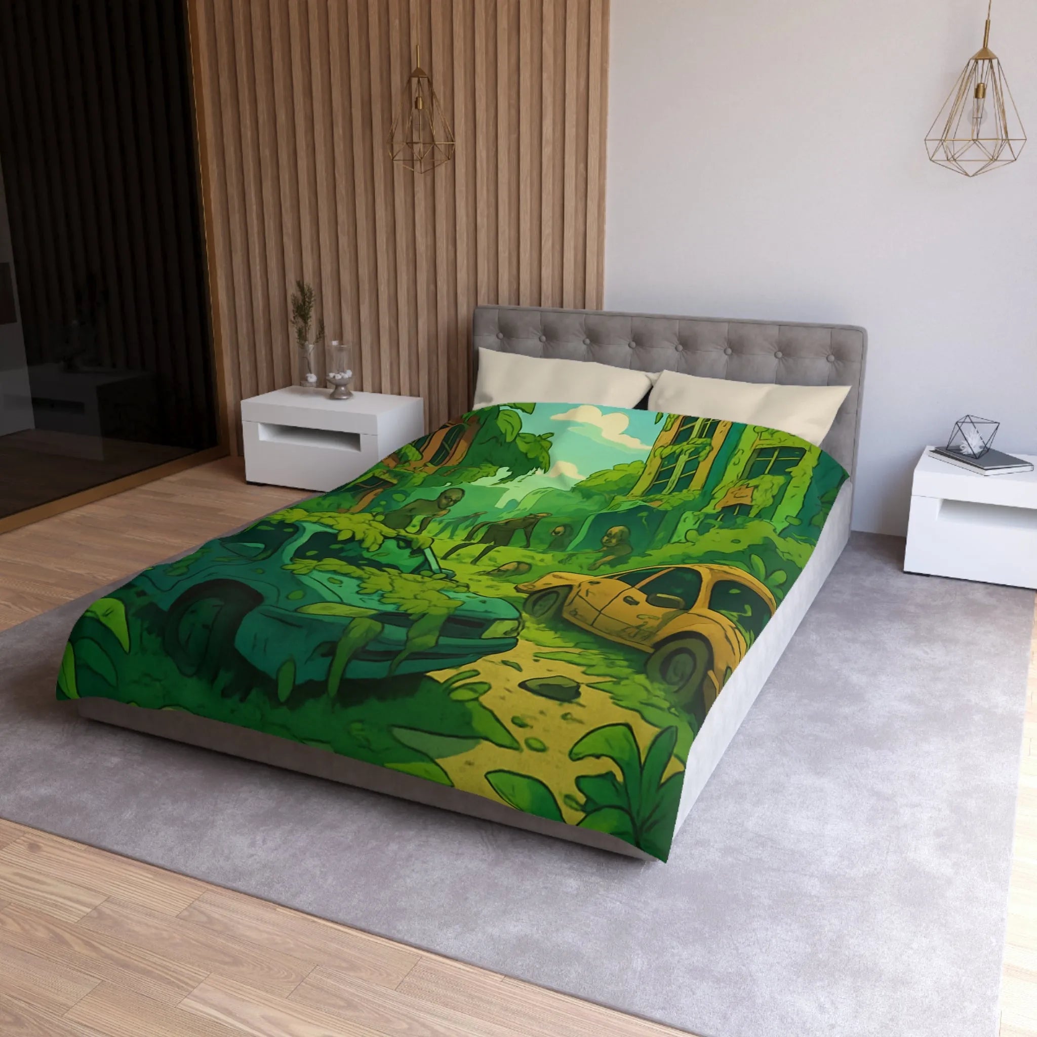 Housse de couette avec zombies et nature envahissante dans ville post-apocalyptique verte