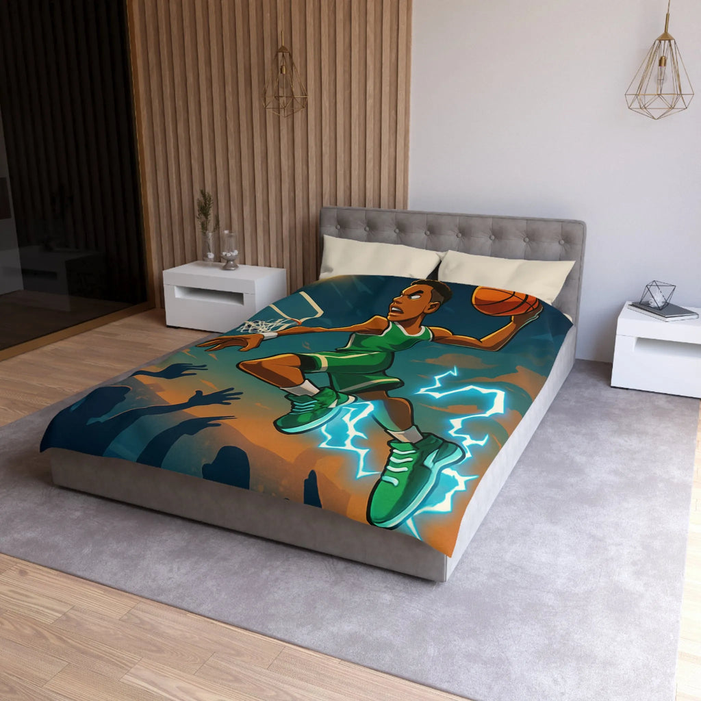 Housse de couette basket dynamique avec joueur en plein slam dunk lumineux