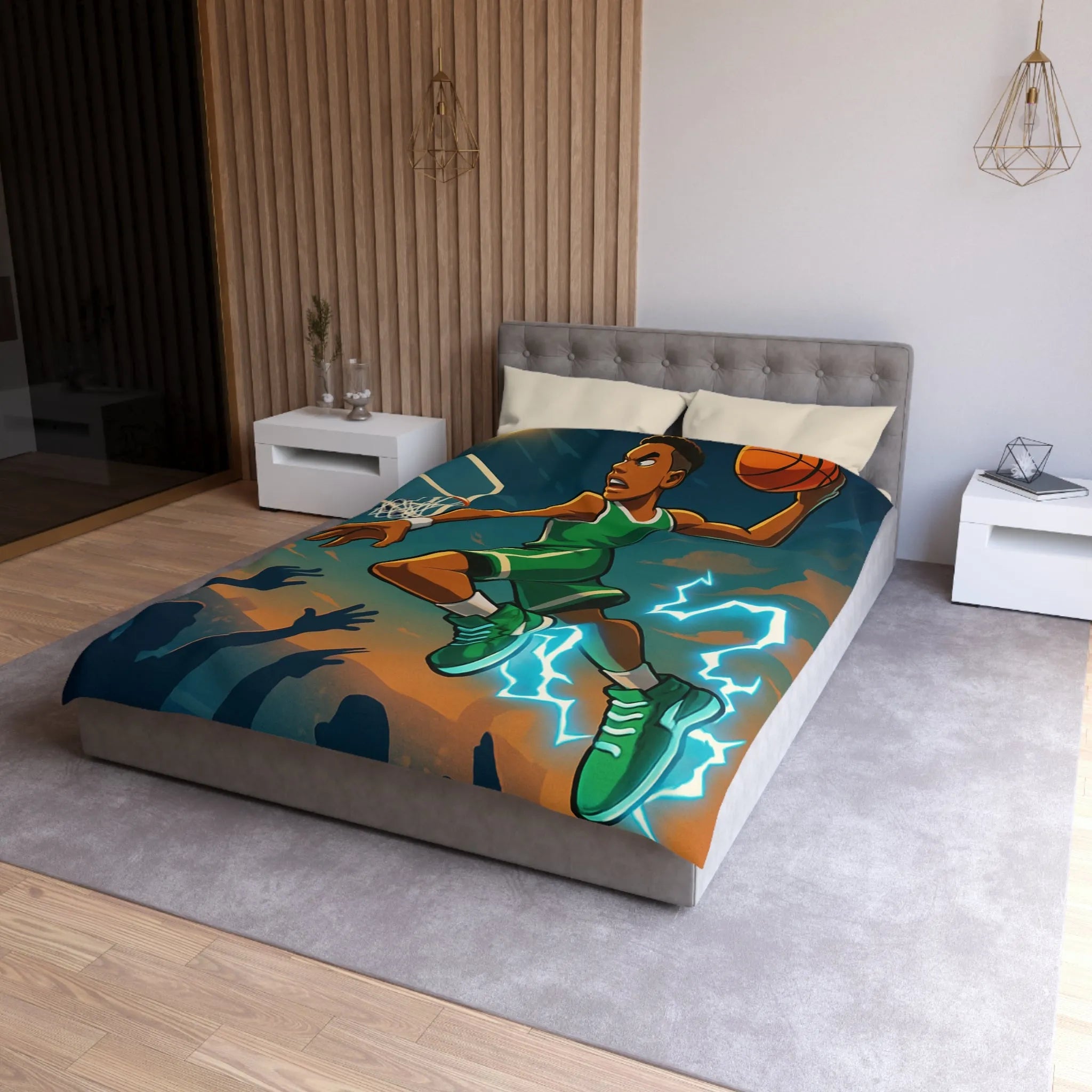 Housse de couette basket dynamique avec joueur en plein slam dunk lumineux
