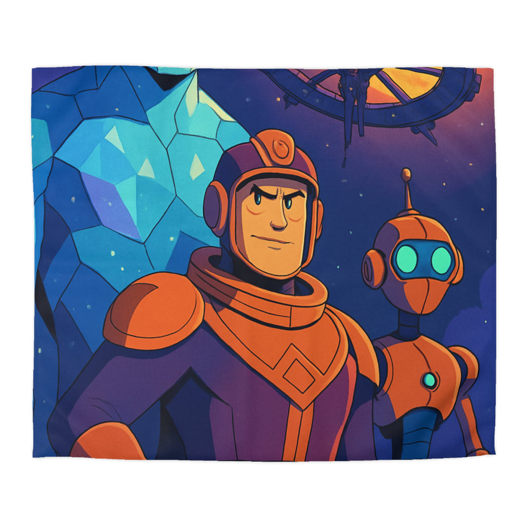 Housse de Couette Space Adventure: Héros, Robot et Alien Sous Lune Éclatante