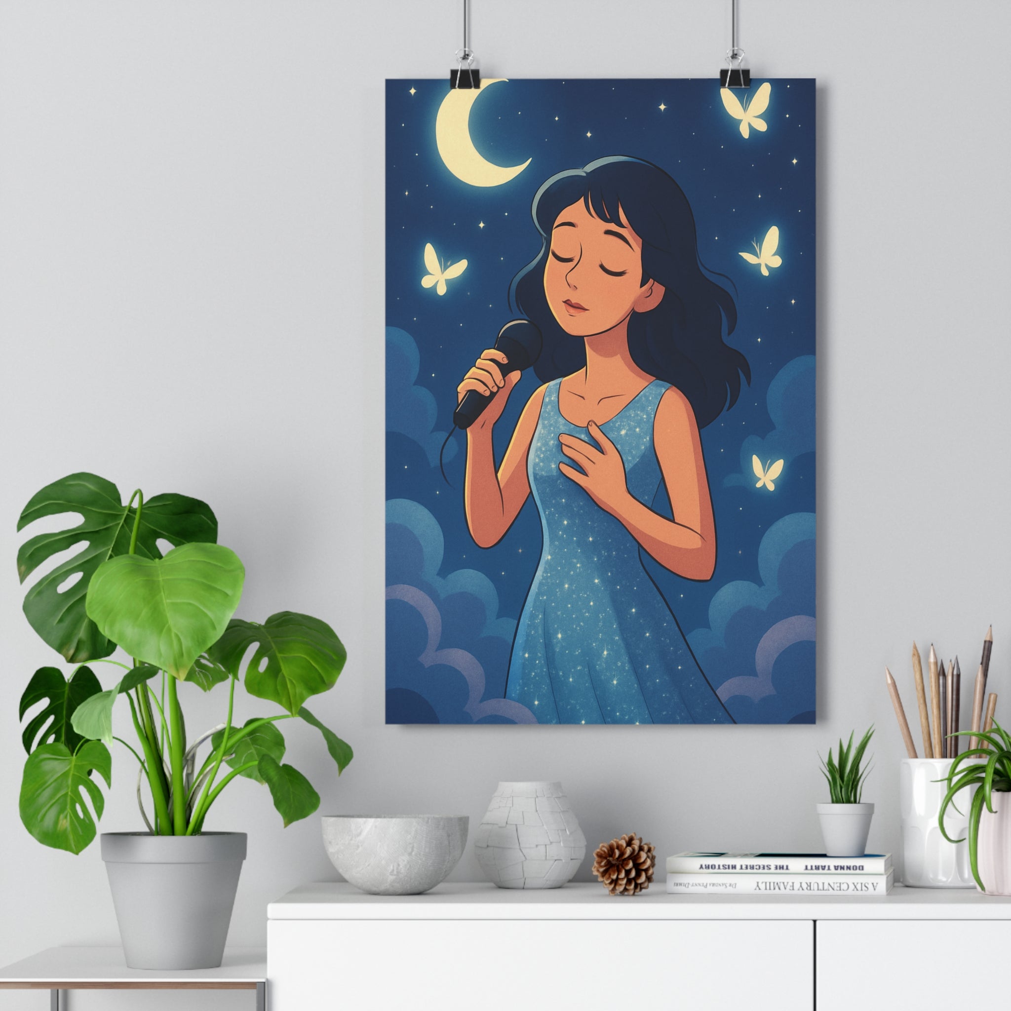 Poster décoratif féerique rose bleu cartoon rêveur chambre nuages papillons nuit lune 30x46 cm
