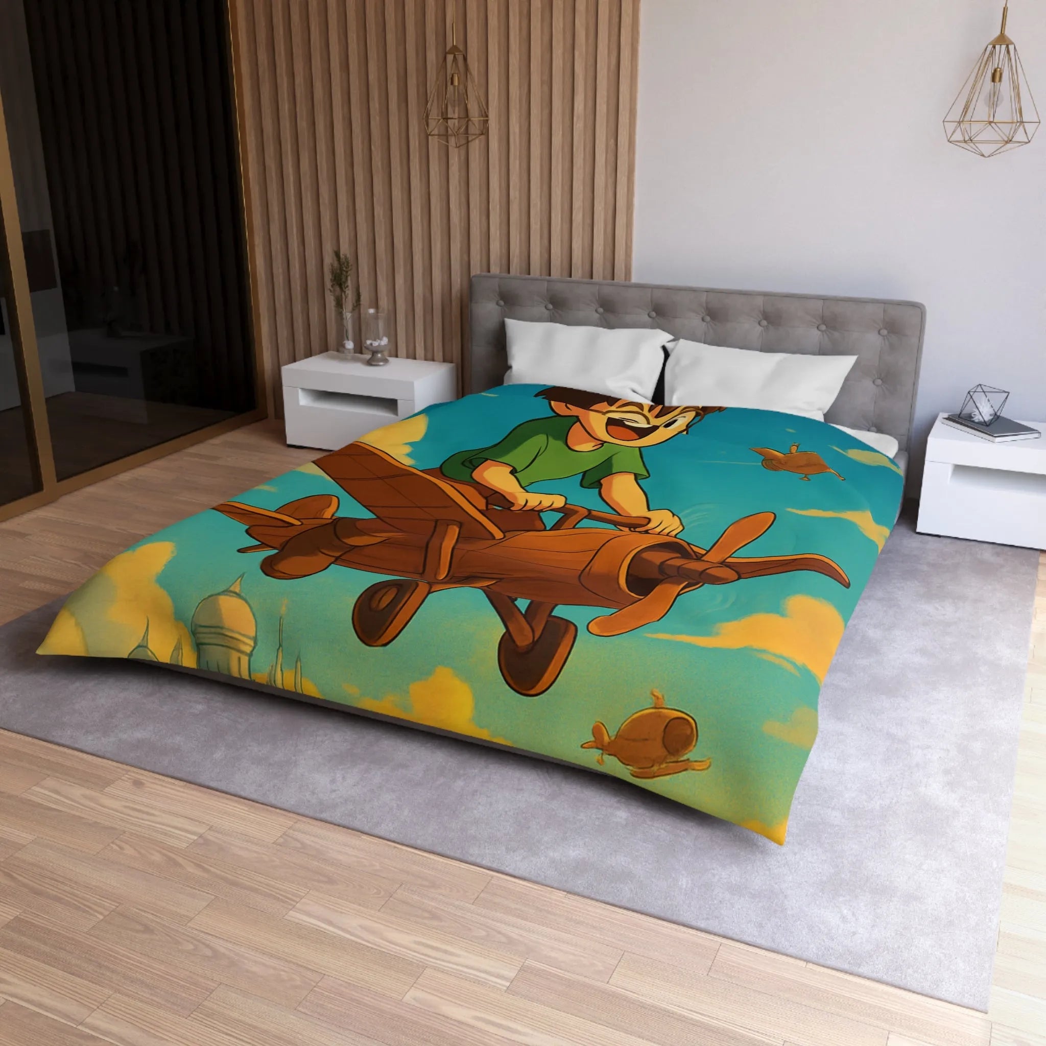 Aventure enfantine avec avion en bois survolant palais nuageux au coucher du soleil