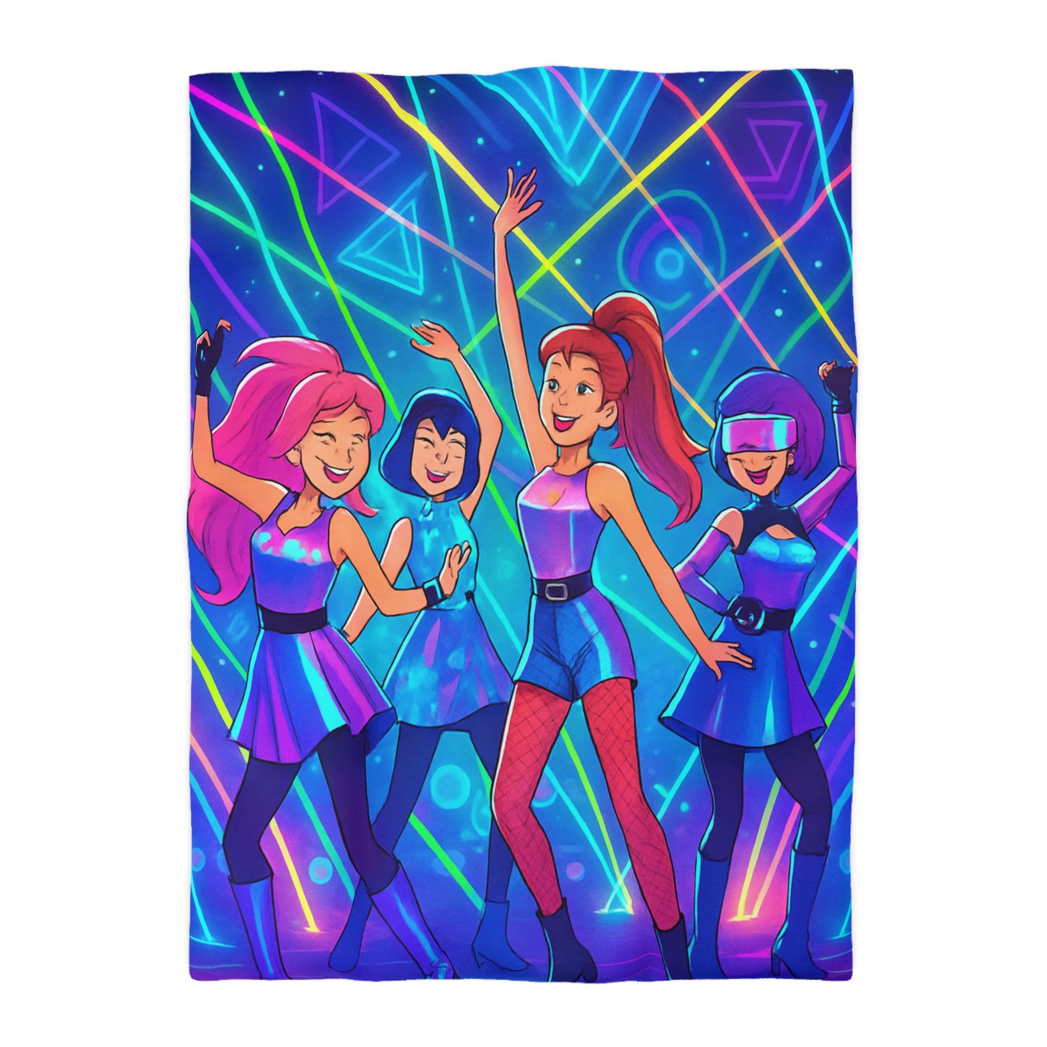 Housse de couette techno disco avec danseuses rétro en néons et figures géométriques