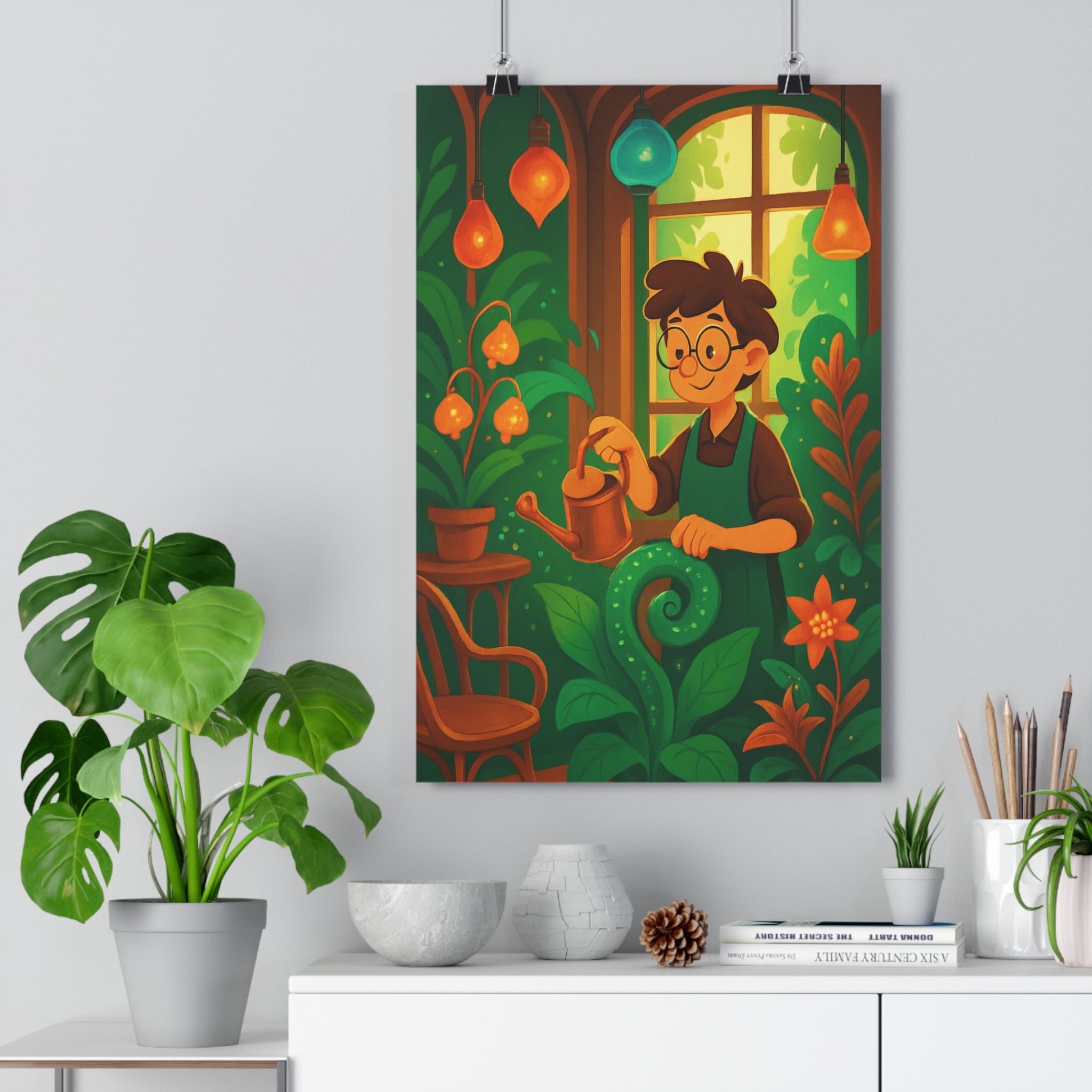 Poster décoratif animé vert orange féerique joyeux salon chambre intérieur lumière moderne luxuriant jardinier