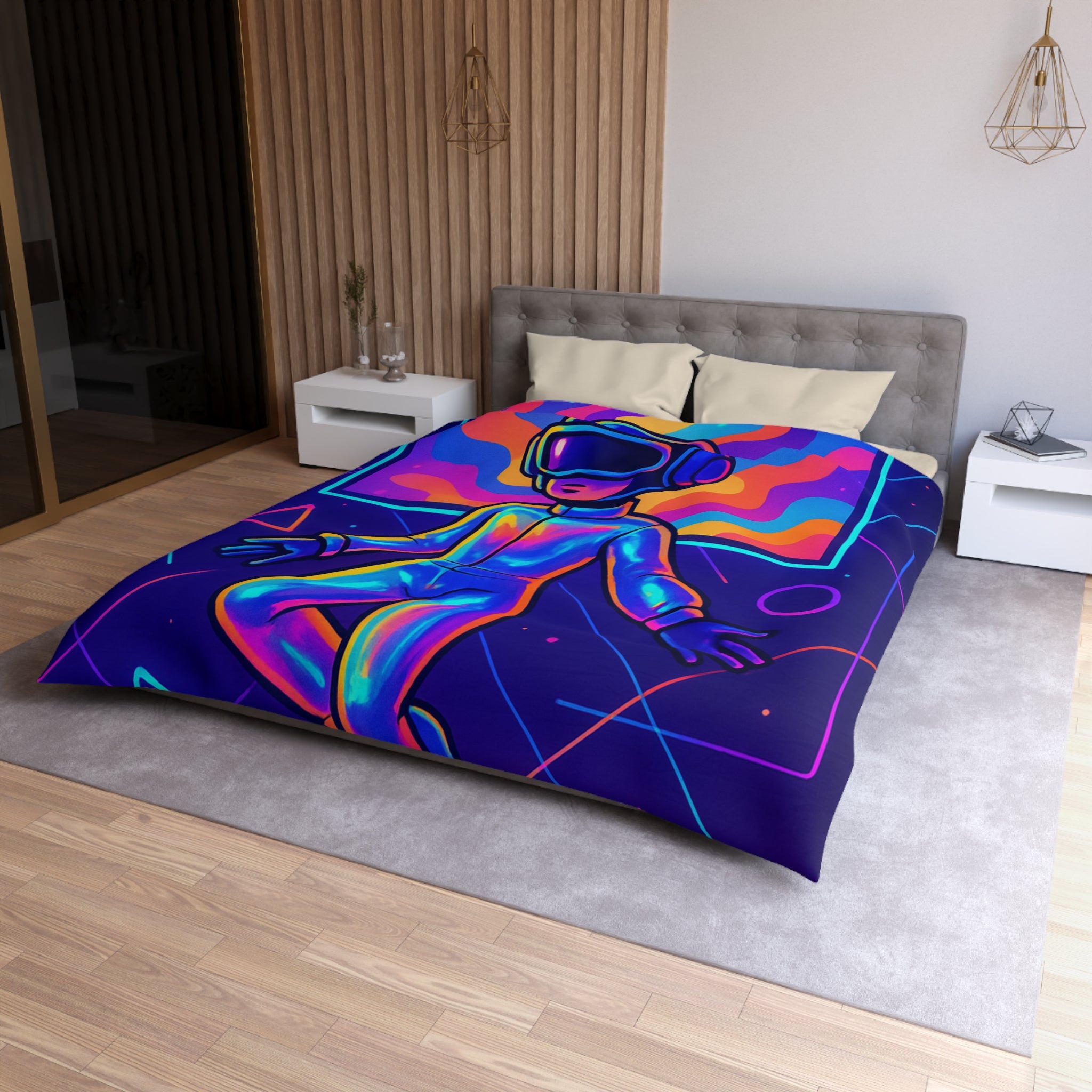 Housse de Couette Surréaliste avec Cosmonautes et Vagues Multicolores en Arrière-Plan