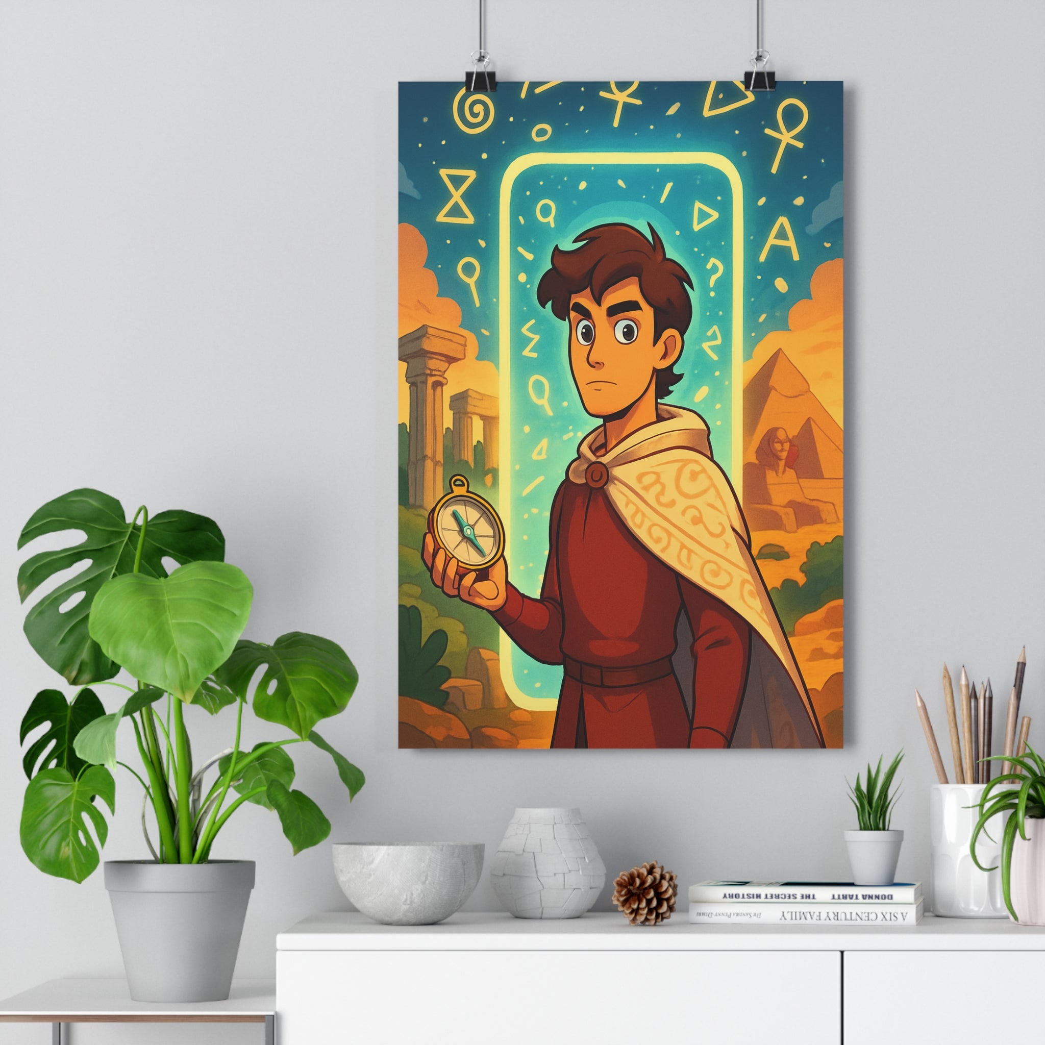 Poster décoratif aventure mystère bleu blanc or chambre moderne lumineux personnage cape boussole art