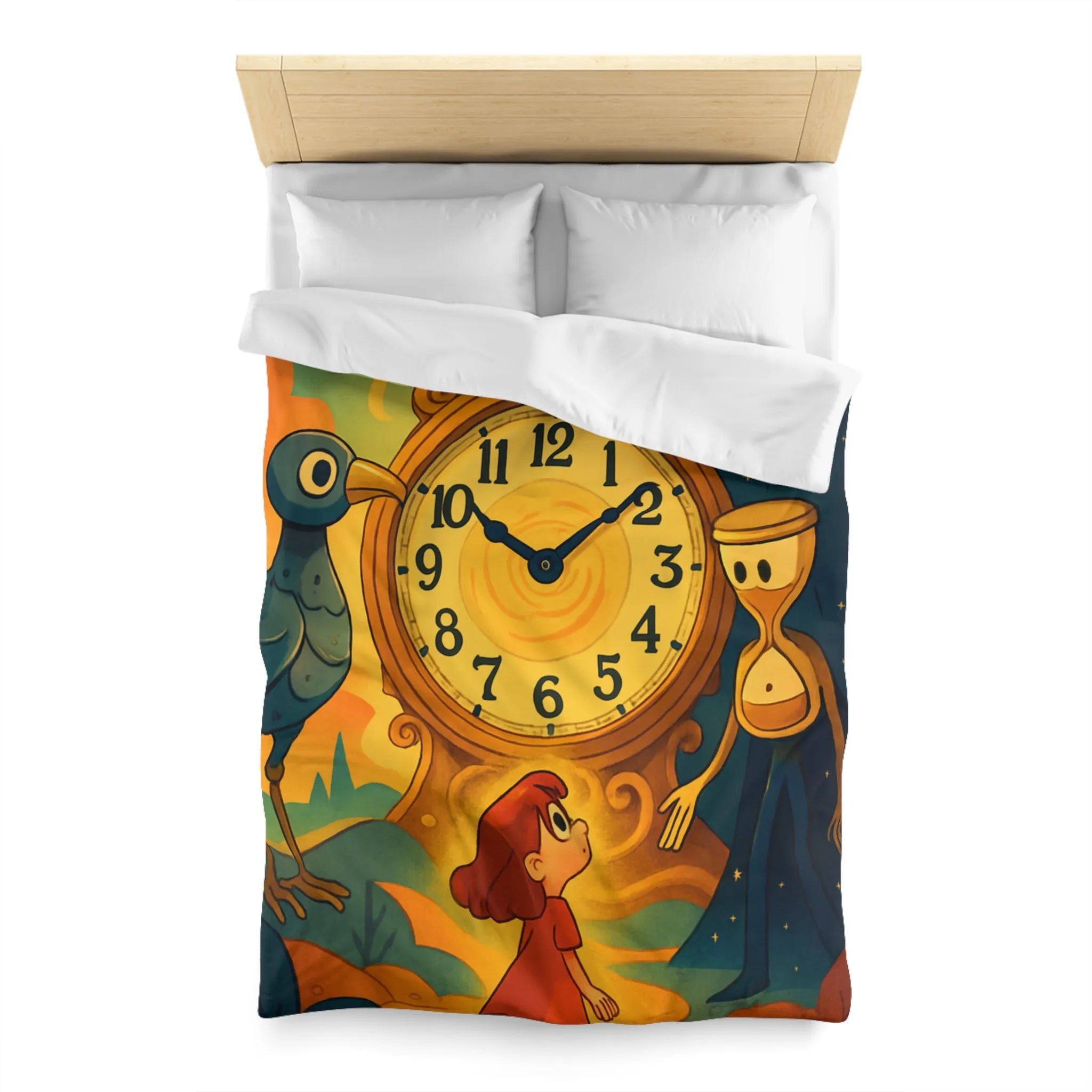 Housse de couette fantastique avec horloge magique et personnages mystérieux en illustration onirique