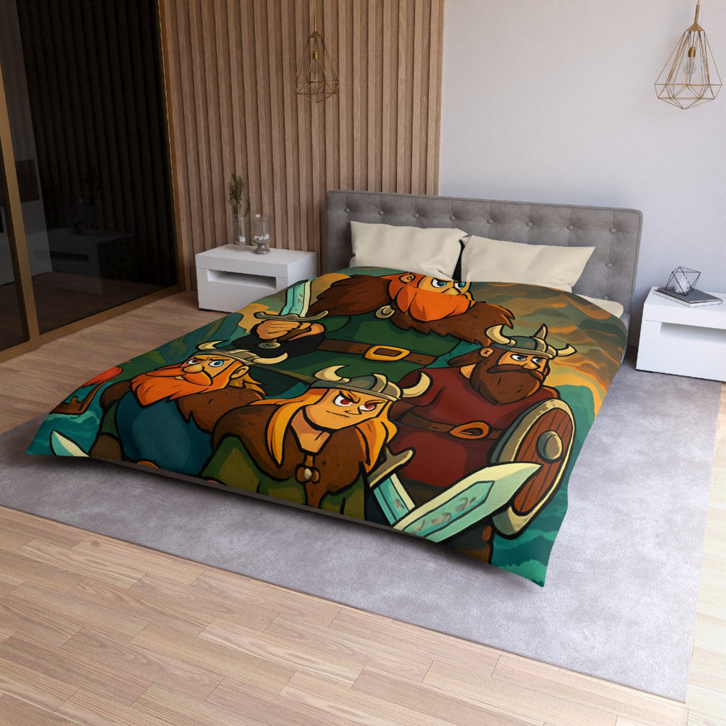 Housse de couette viking épique avec des guerriers et paysage dramatique