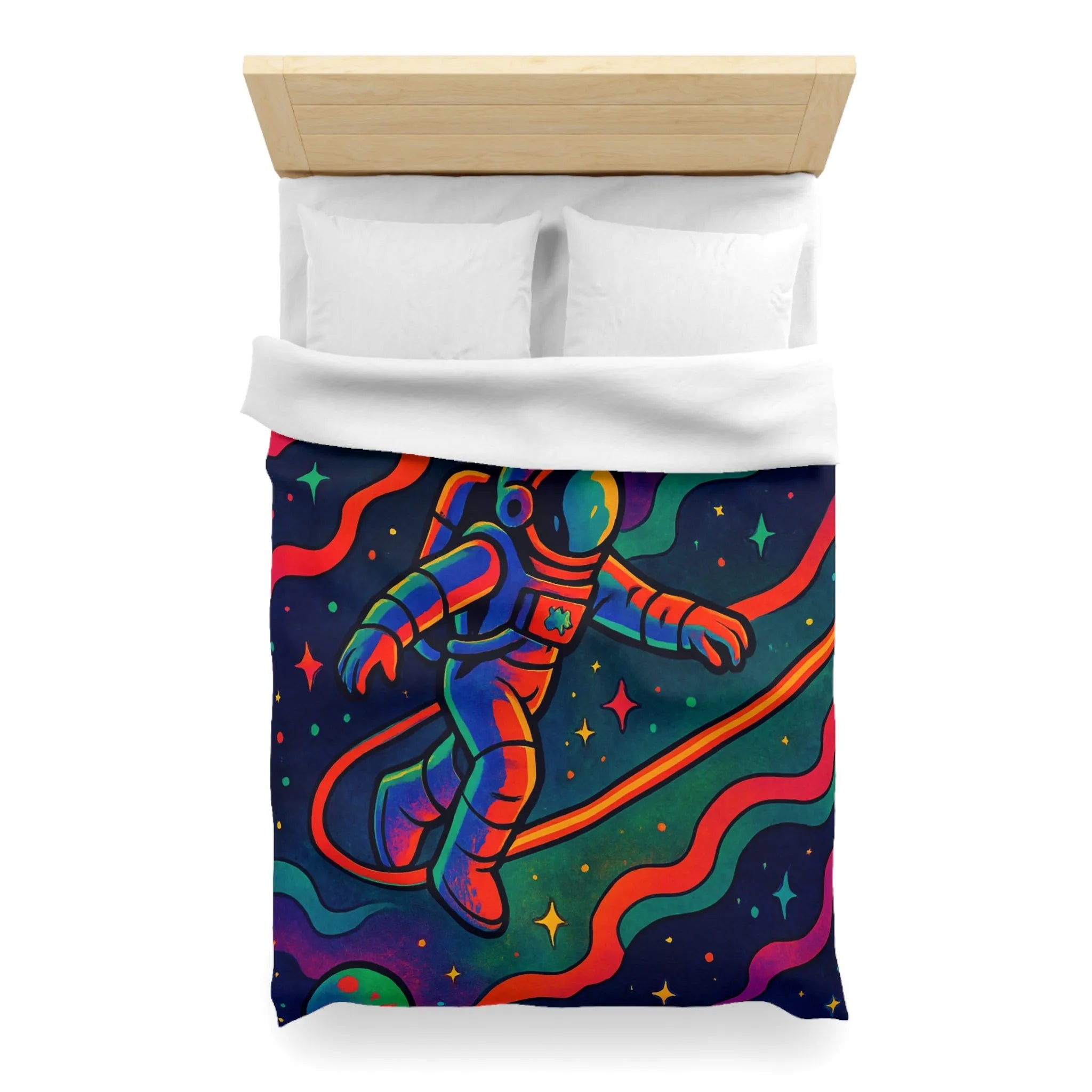 Housse de couette astronaute flottant dans un cosmos aux couleurs psychédéliques vibrantes