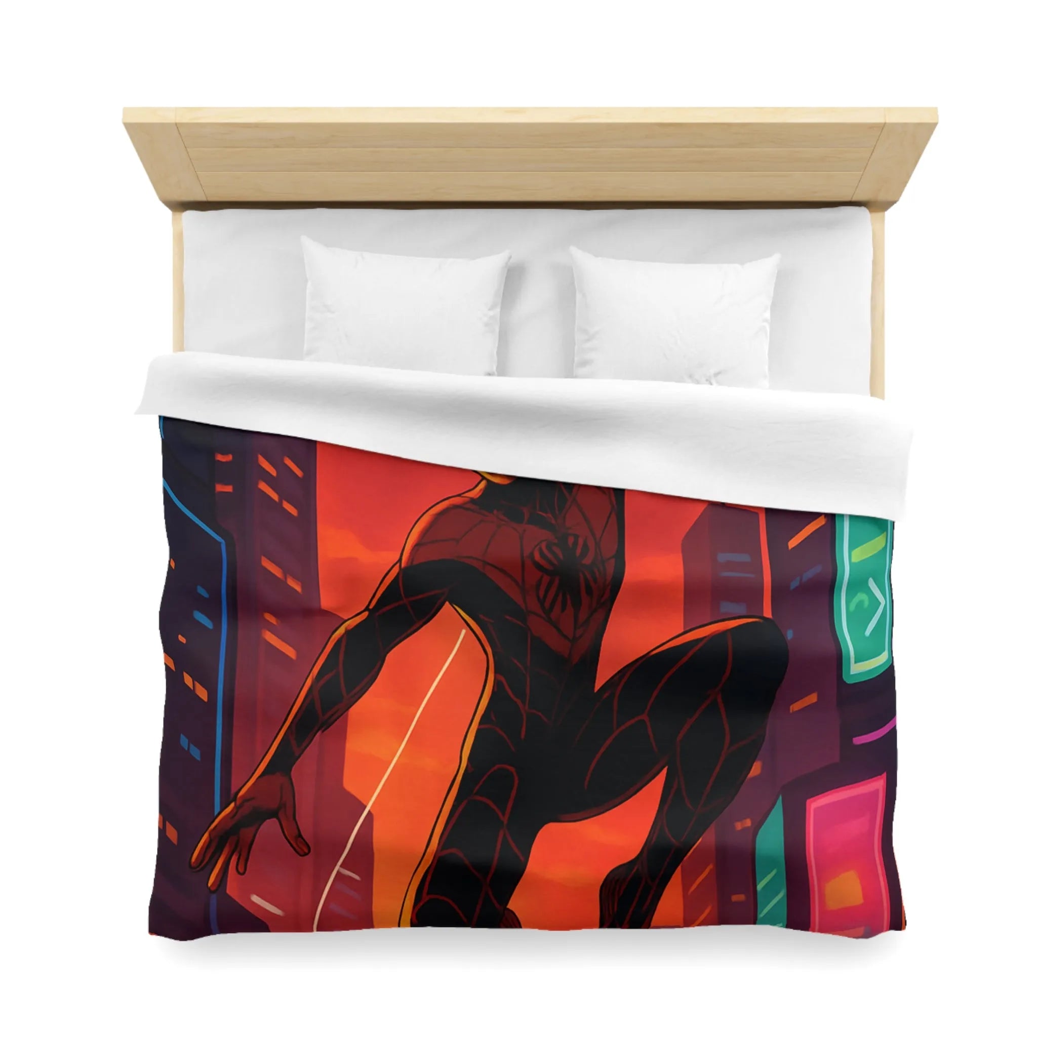 Housse de couette avec super-héros suspendu devant un coucher de soleil urbain vibrant