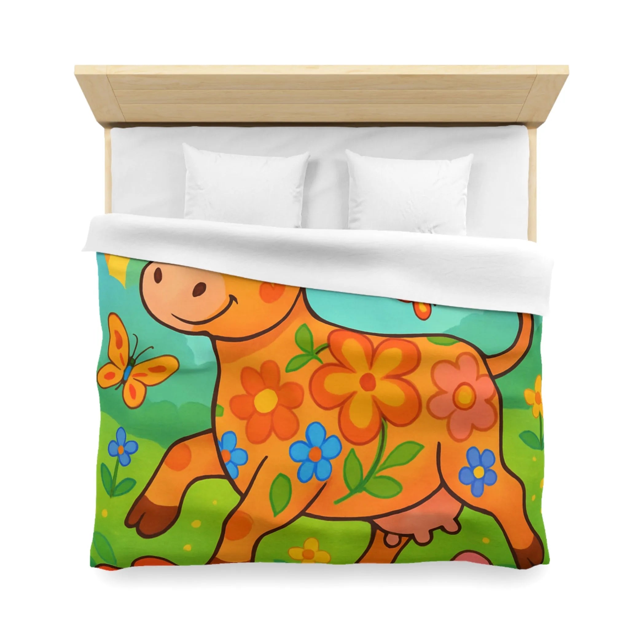 Housse de Couette Enfant Joyeuse Vache Orange Sous Arc-en-Ciel et Papillons Colorés
