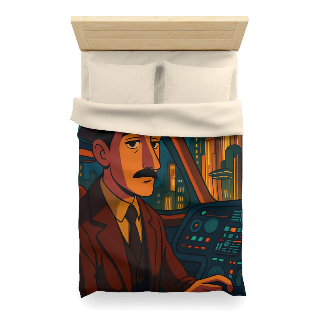 Housse de couette rétro-futuriste avec illustration de ville et pilote dans vaisseau